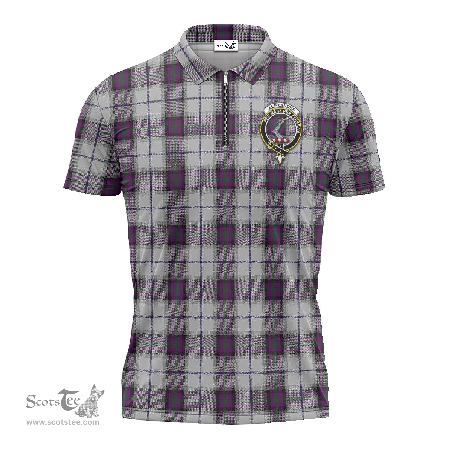ScotsTee Shop Scottish Alexander of Menstry Dress Clan Crest Tartan Zipper Polo Shirt
