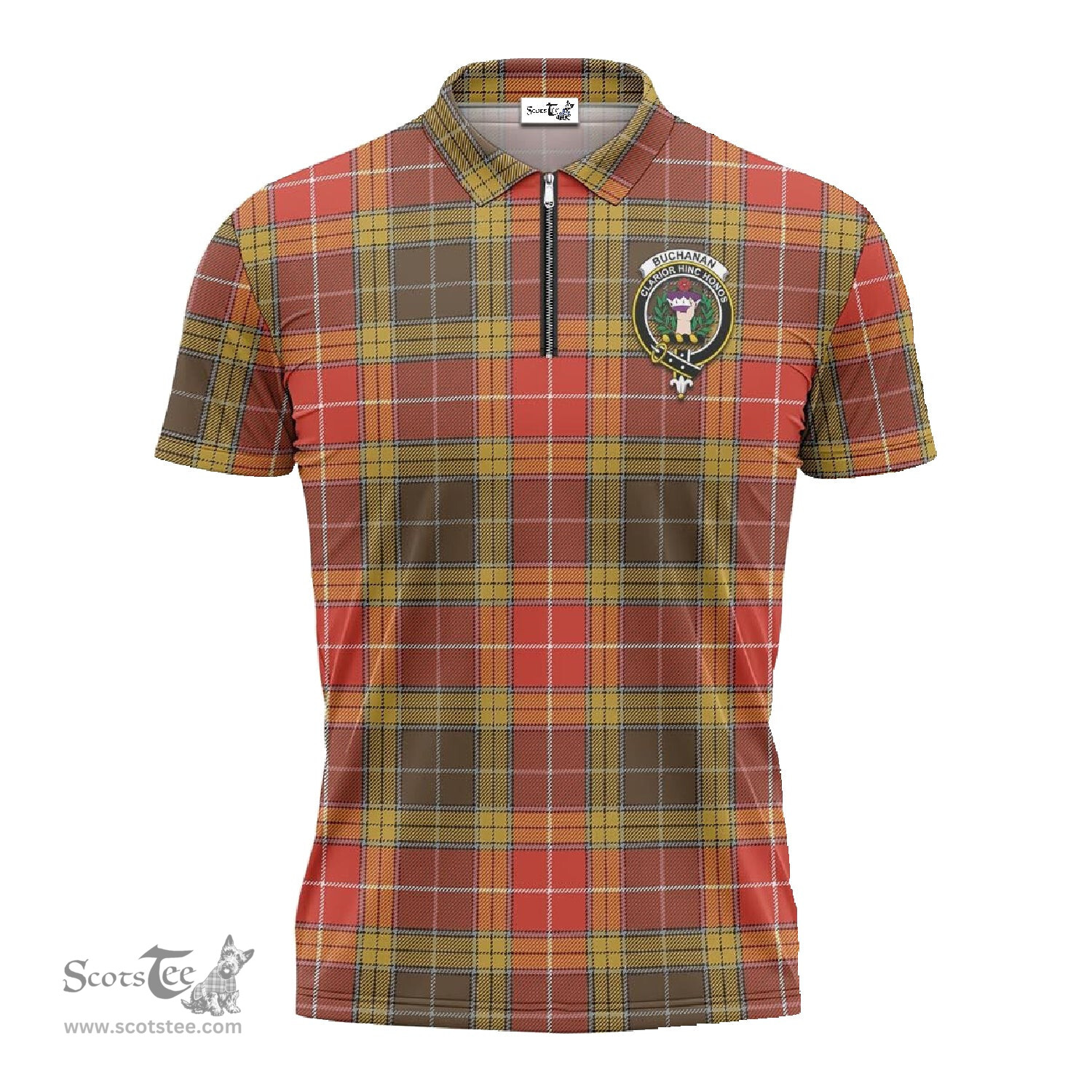 ScotsTee Shop Scottish Buchanan Old Set Weathered Clan Crest Tartan Zipper Polo Shirt