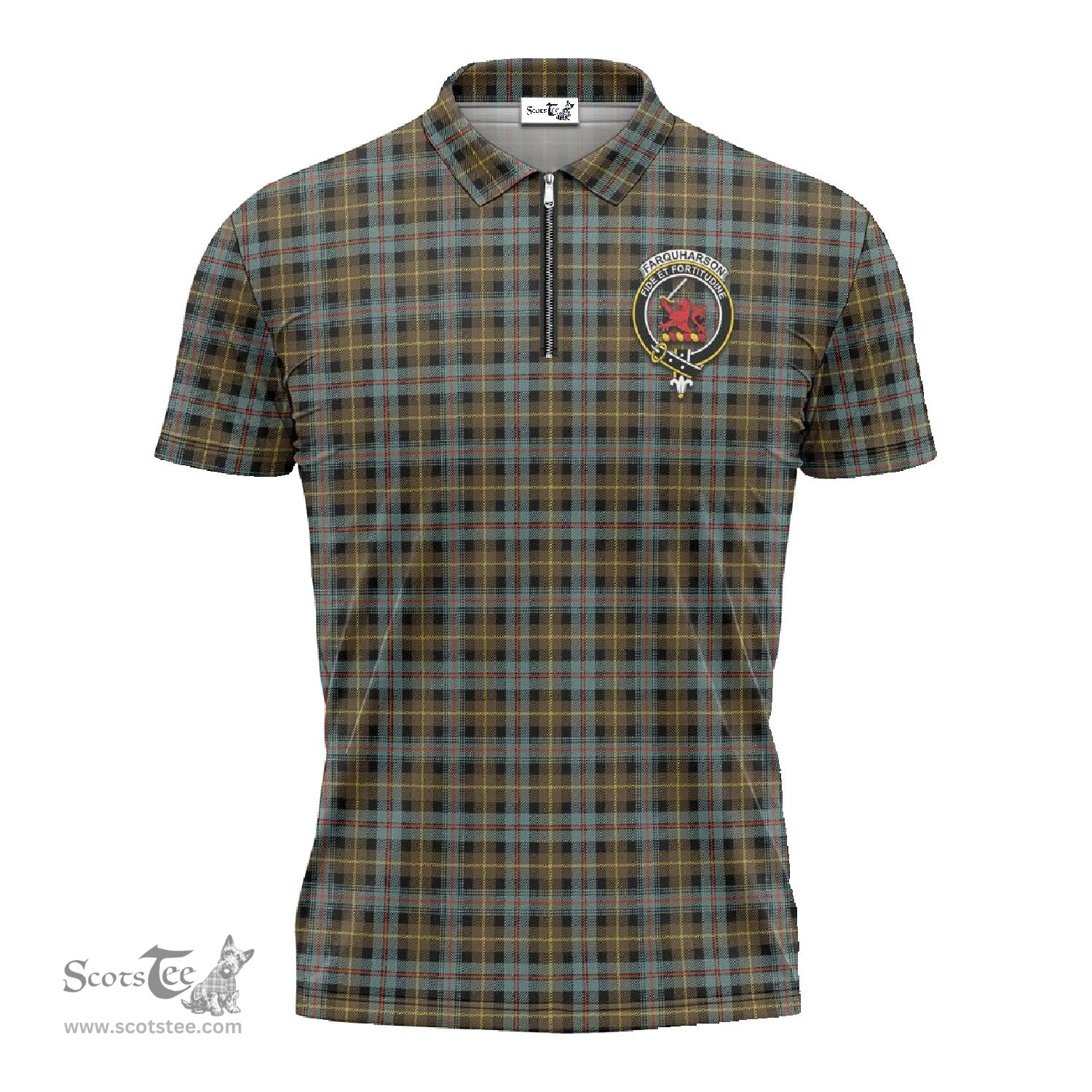 ScotsTee Shop Scottish Farquharson Weathered Clan Crest Tartan Zipper Polo Shirt