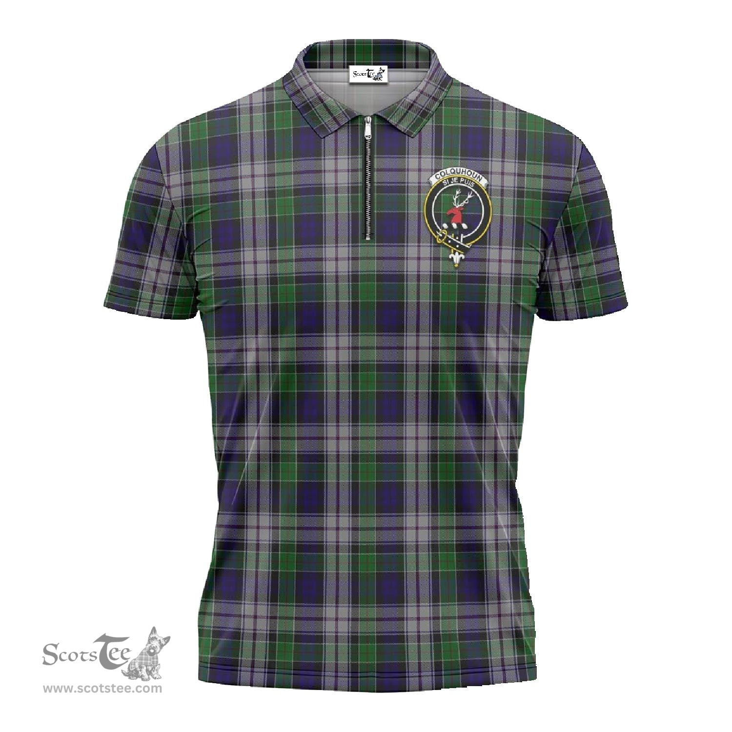 ScotsTee Shop Scottish Colquhoun Dress Clan Crest Tartan Zipper Polo Shirt
