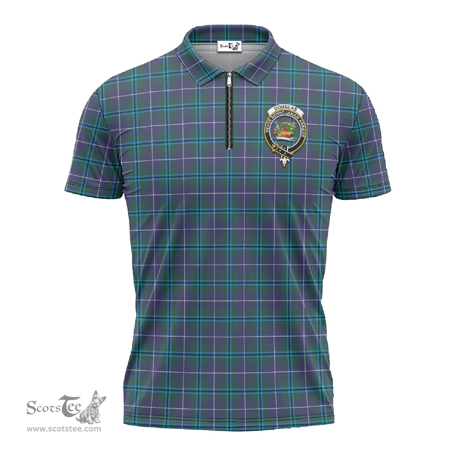 ScotsTee Shop Scottish Douglas Modern Clan Crest Tartan Zipper Polo Shirt