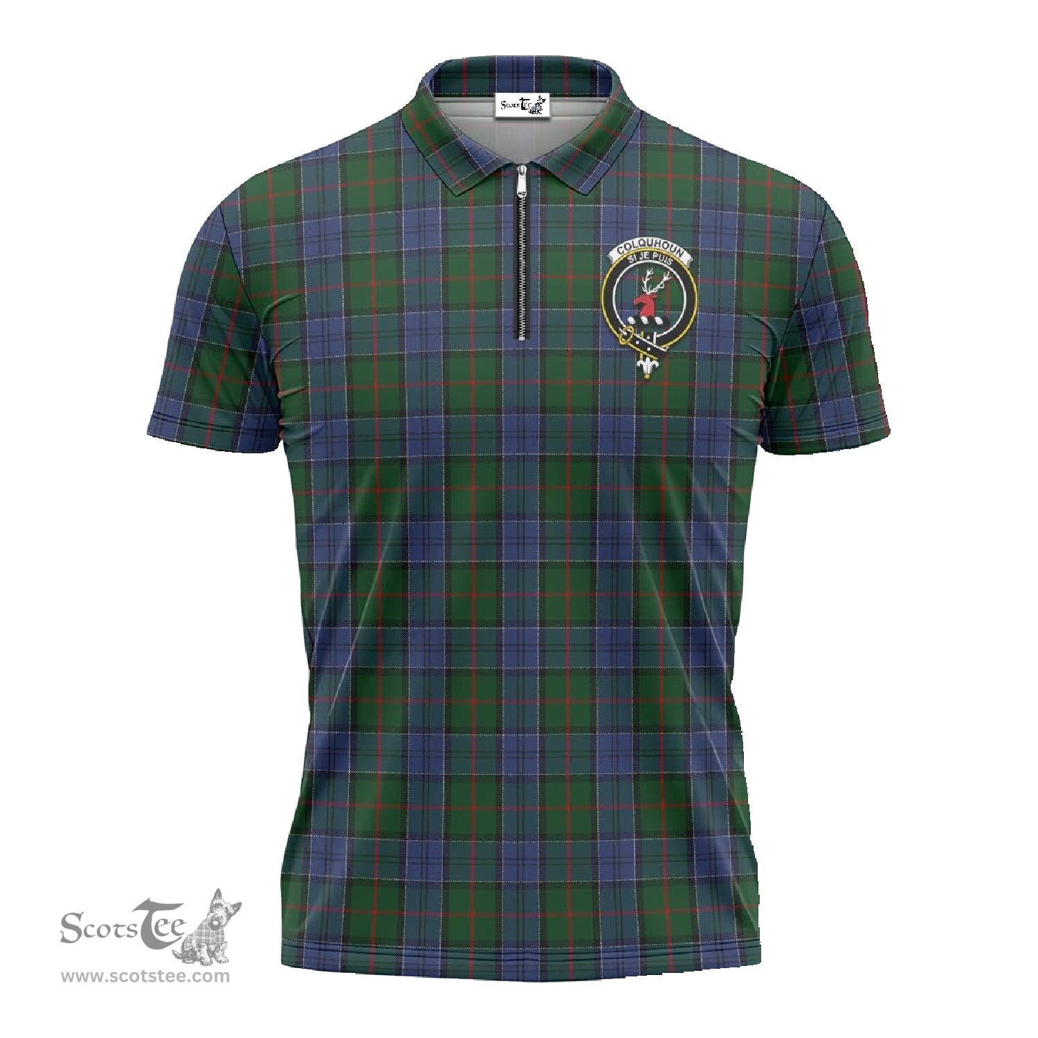 ScotsTee Shop Scottish Colquhoun Clan Crest Tartan Zipper Polo Shirt