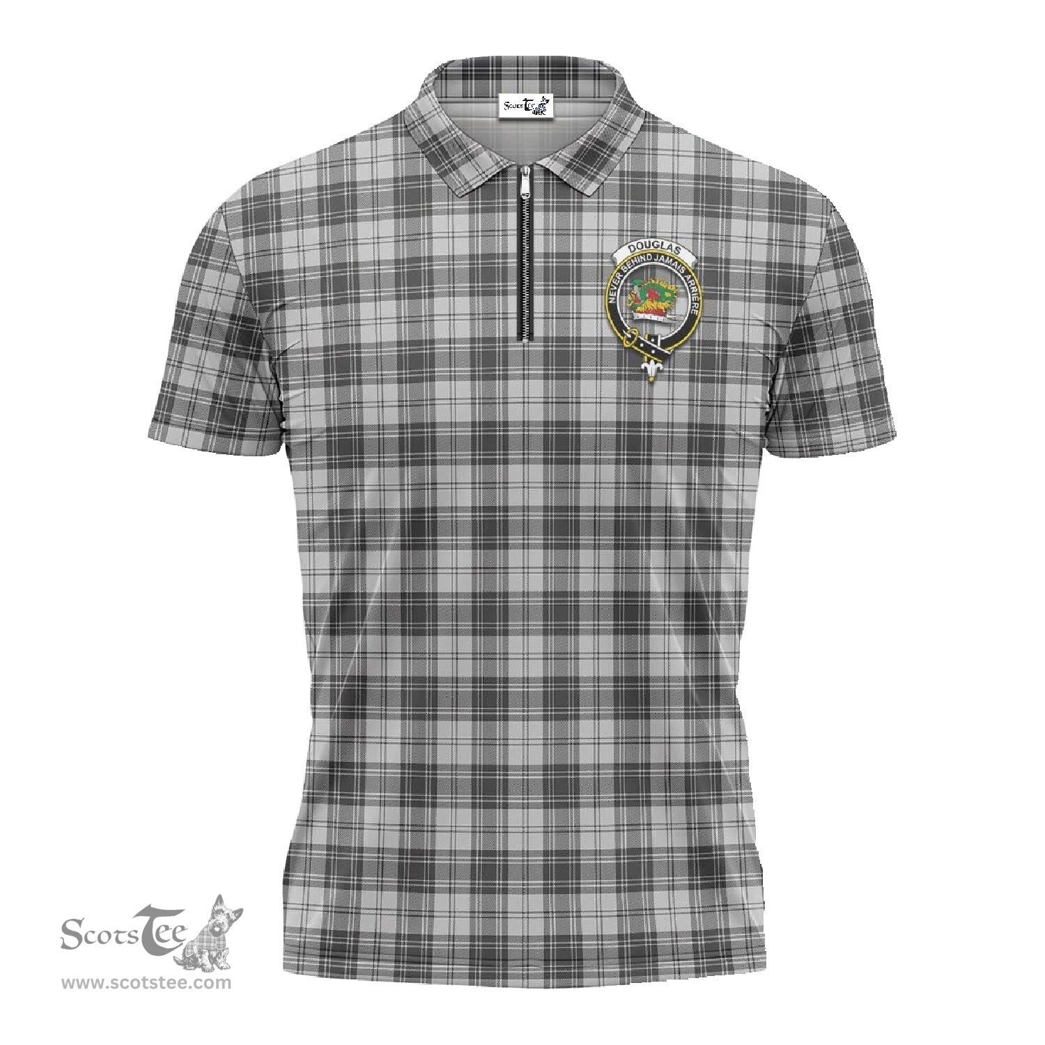 ScotsTee Shop Scottish Douglas Grey Modern Clan Crest Tartan Zipper Polo Shirt