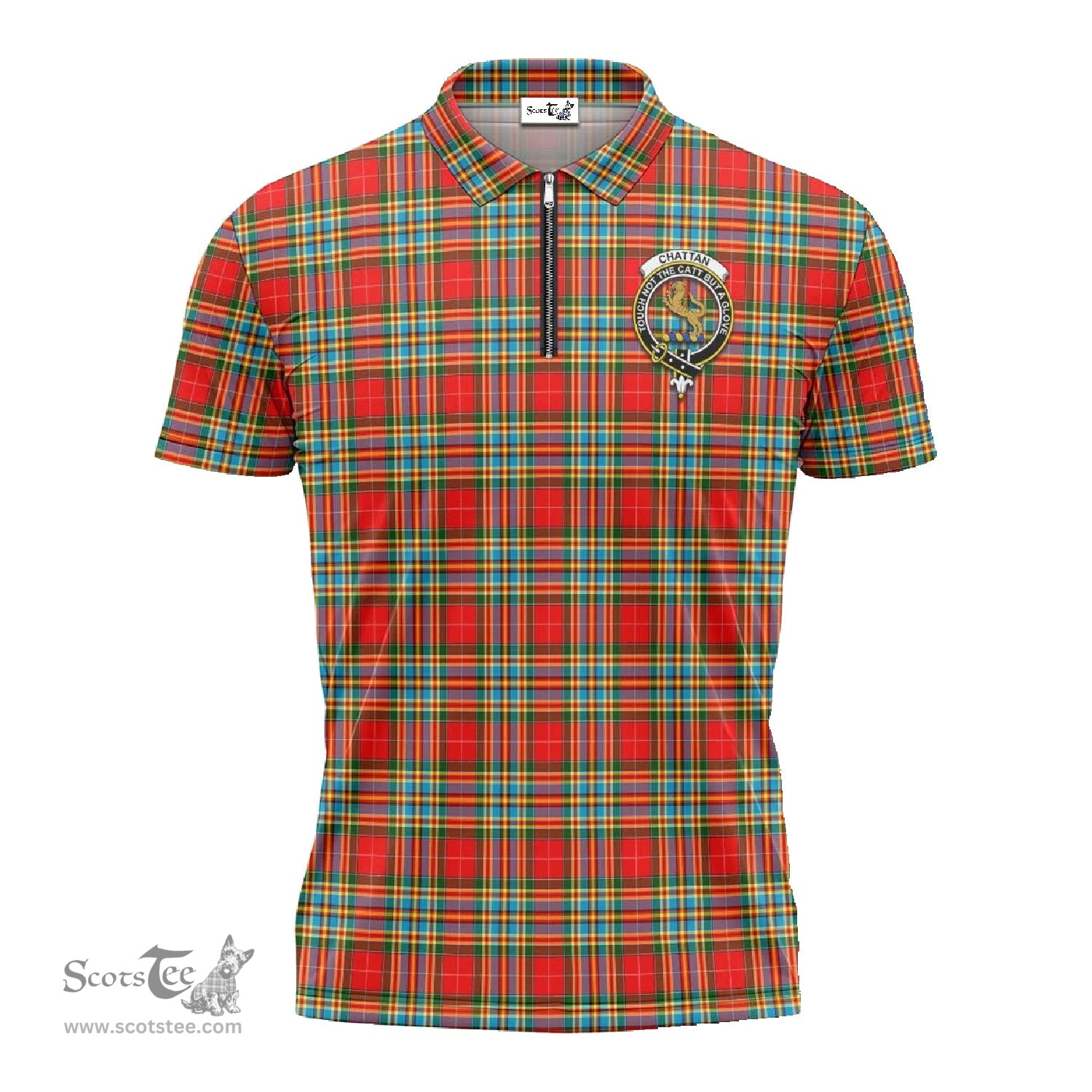 ScotsTee Shop Scottish Chattan Clan Crest Tartan Zipper Polo Shirt