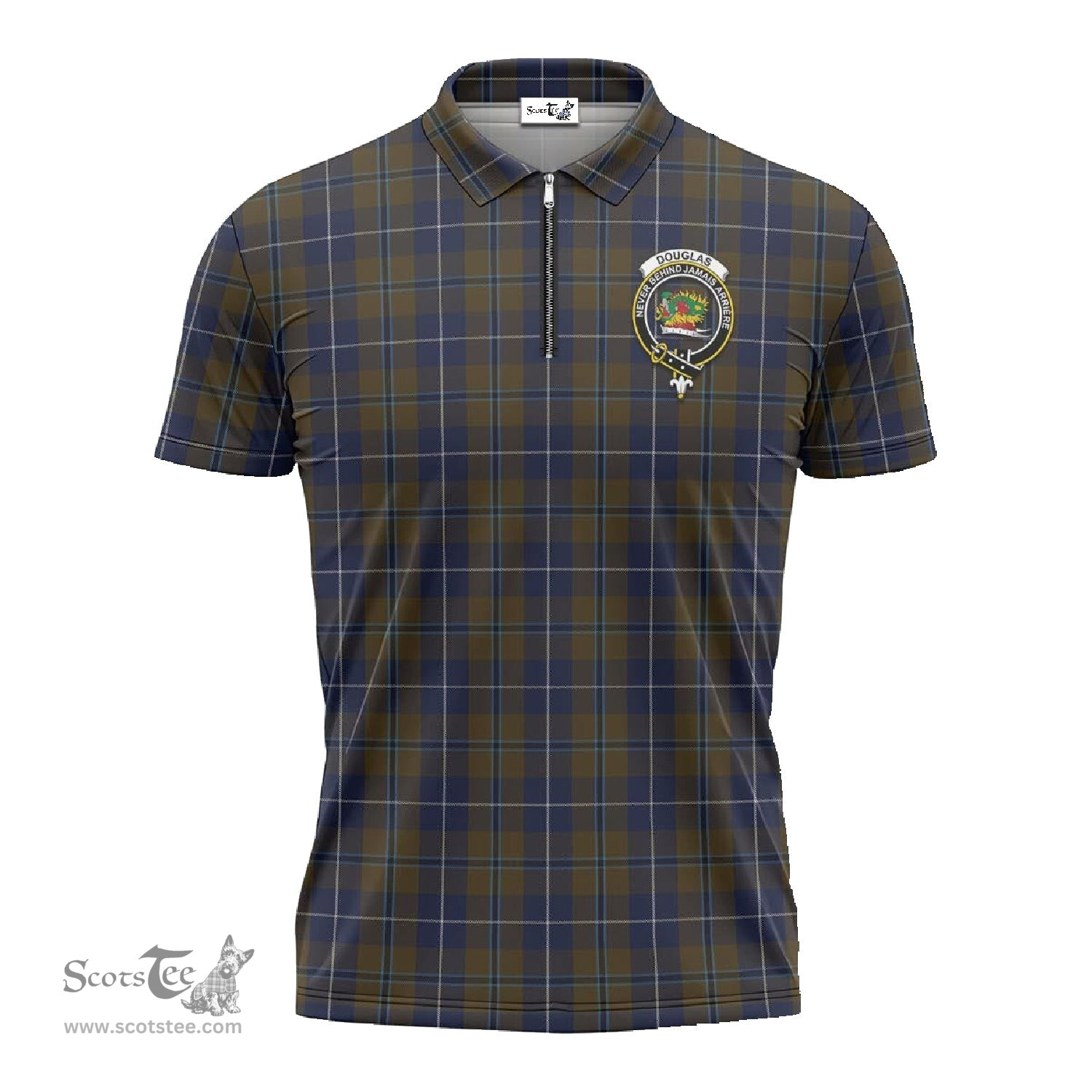 ScotsTee Shop Scottish Douglas Brown Clan Crest Tartan Zipper Polo Shirt