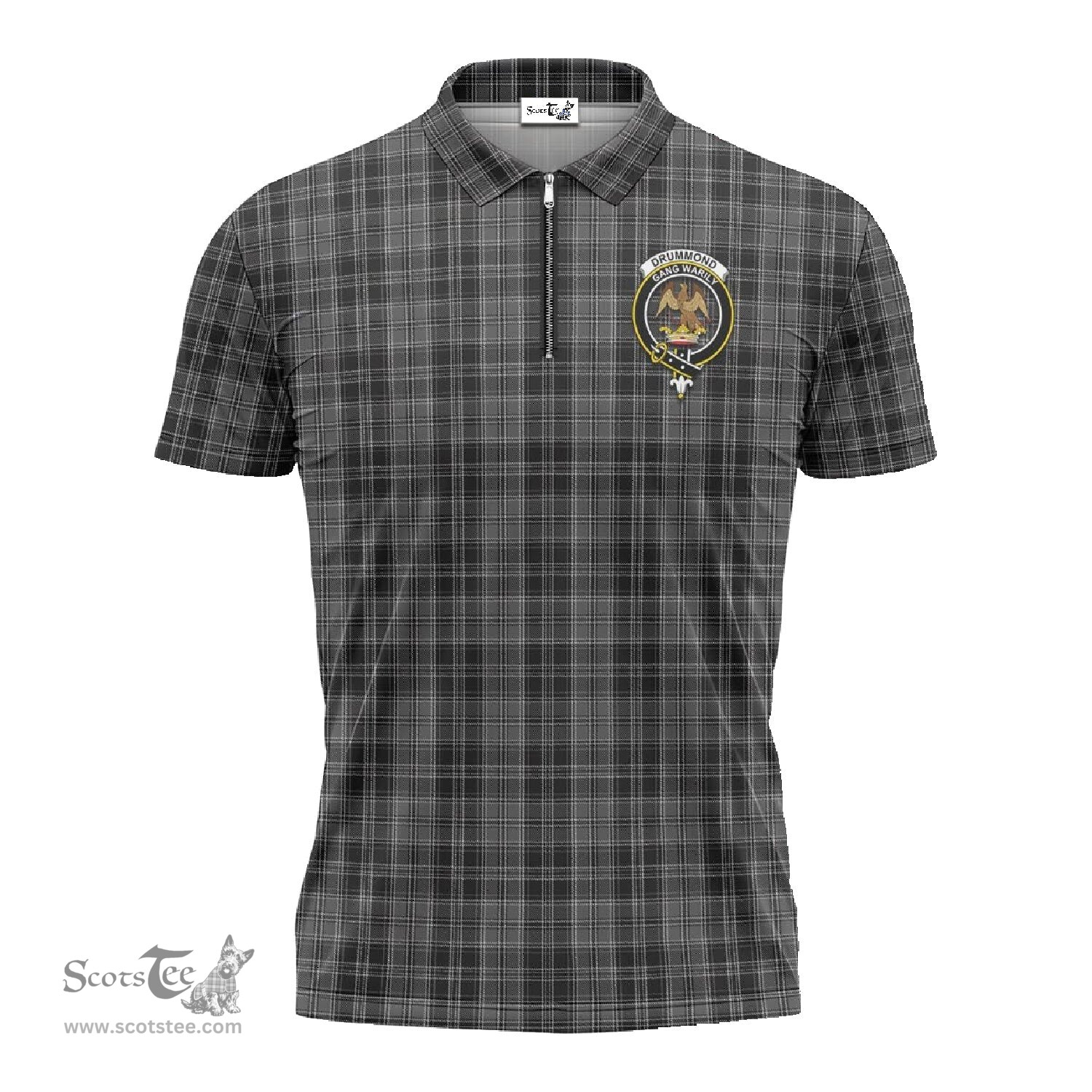 ScotsTee Shop Scottish Drummond Grey Clan Crest Tartan Zipper Polo Shirt
