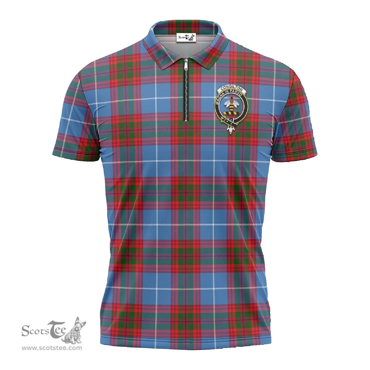 ScotsTee Shop Scottish Congilton Clan Crest Tartan Zipper Polo Shirt