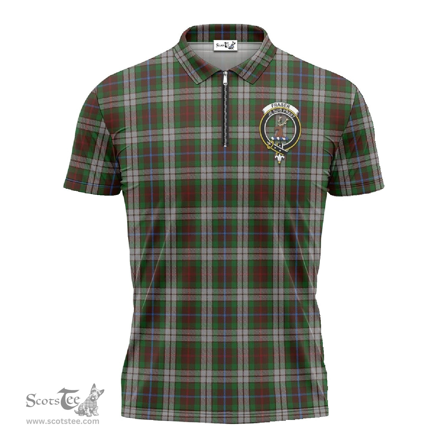 ScotsTee Shop Scottish Fraser Hunting Dress Clan Crest Tartan Zipper Polo Shirt
