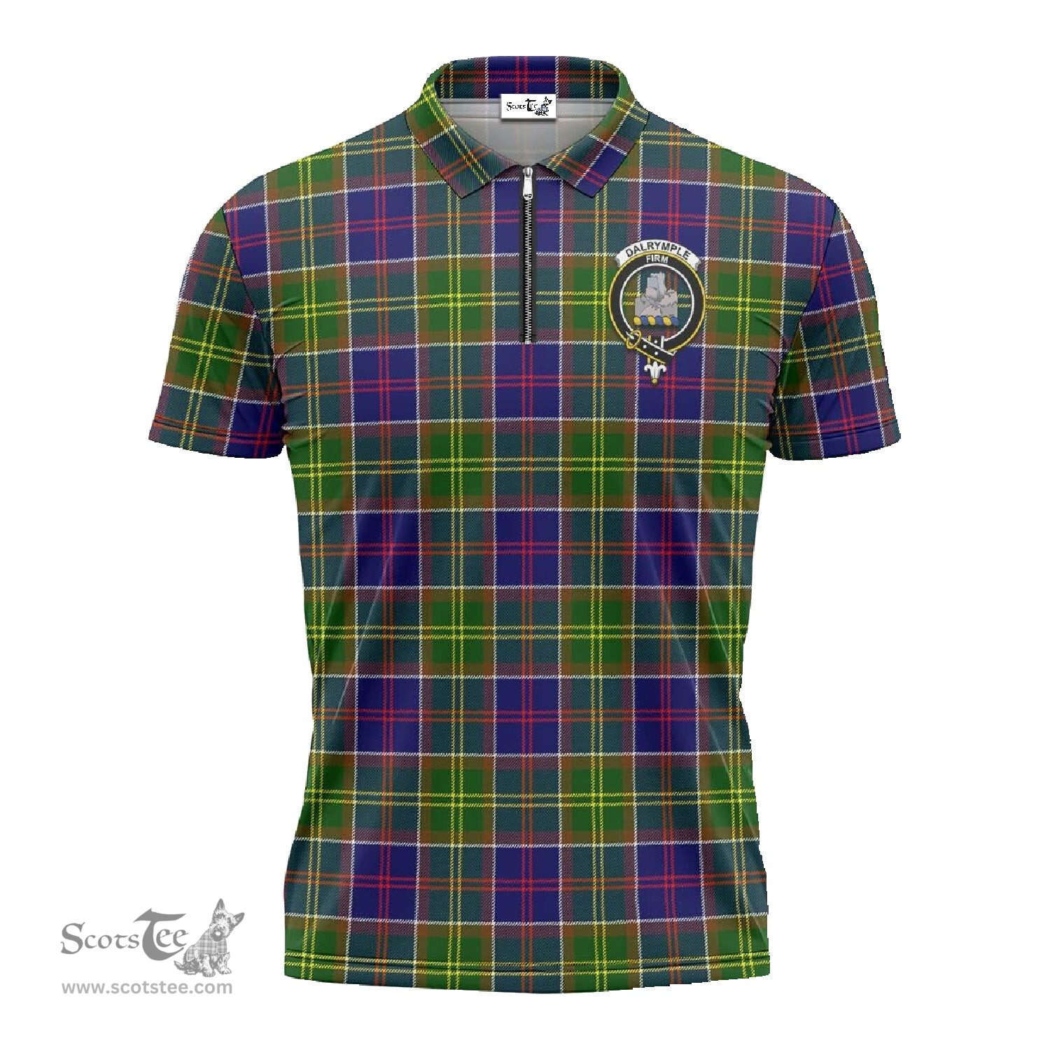 ScotsTee Shop Scottish Dalrymple Clan Crest Tartan Zipper Polo Shirt