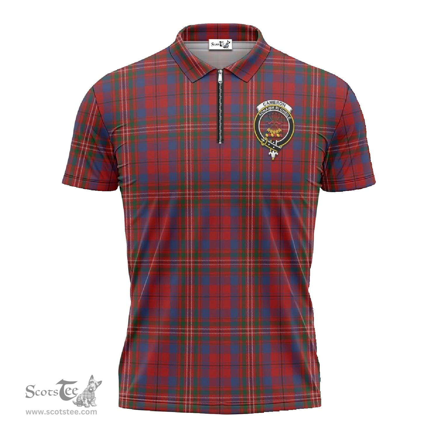 ScotsTee Shop Scottish Cameron of Locheil Clan Crest Tartan Zipper Polo Shirt