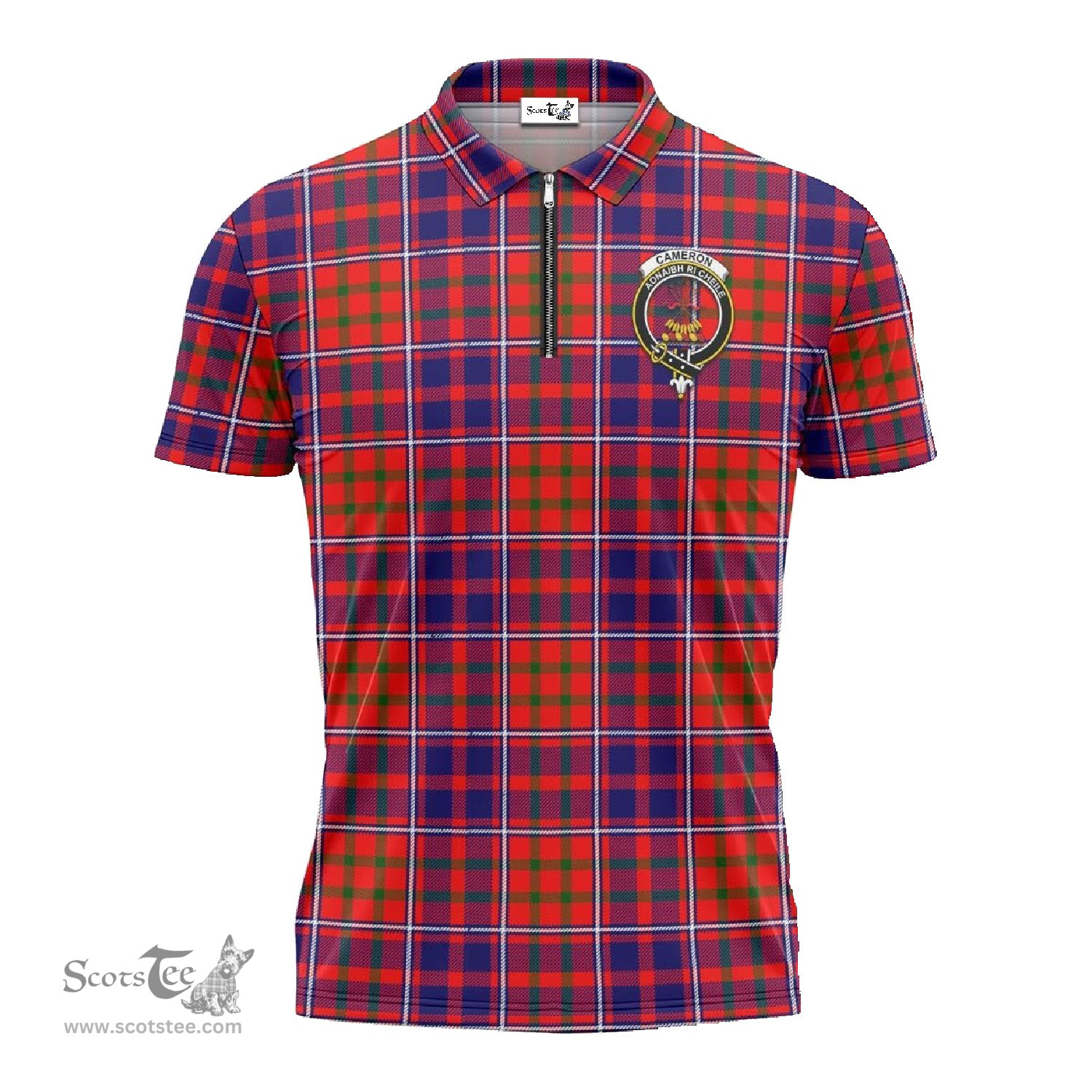 ScotsTee Shop Scottish Cameron of Lochiel Modern Clan Crest Tartan Zipper Polo Shirt