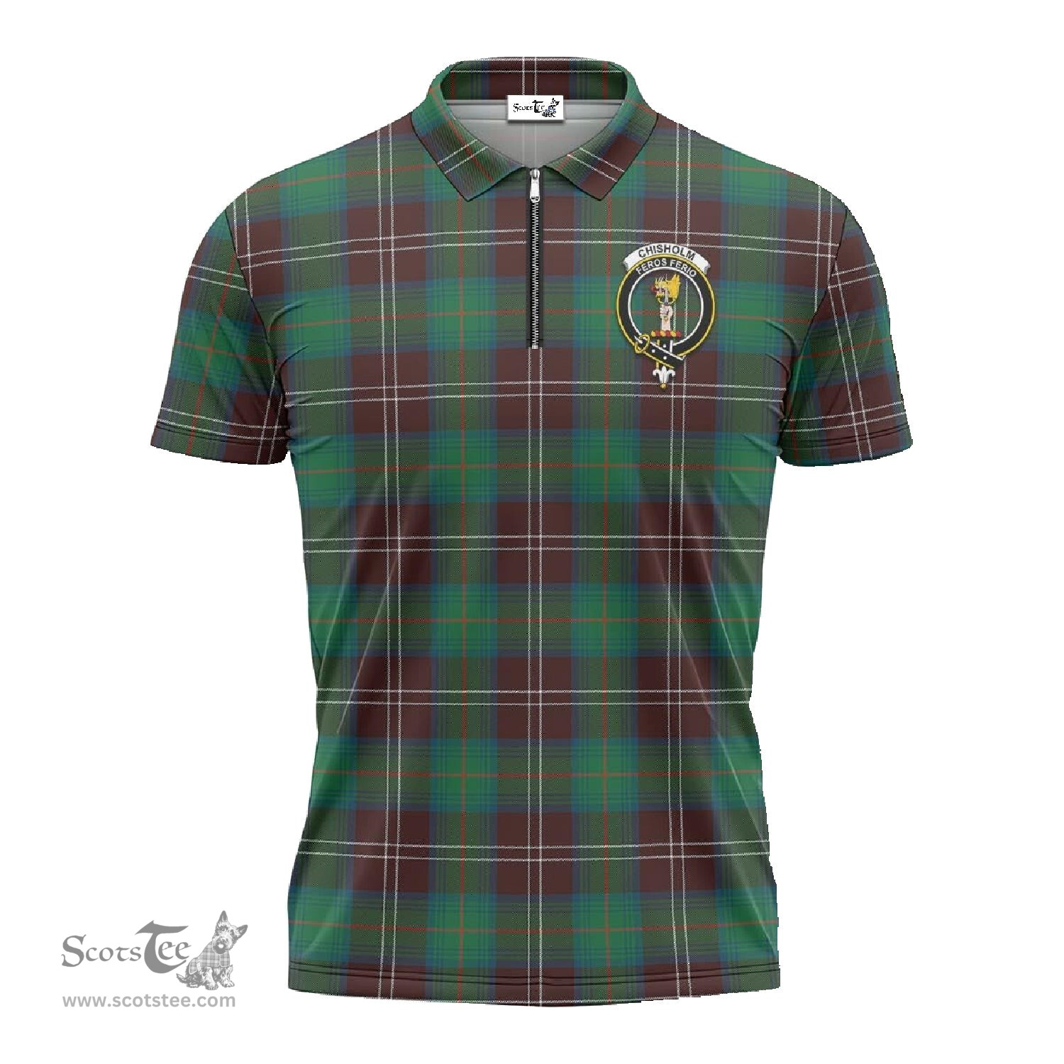 ScotsTee Shop Scottish Chisholm Hunting Ancient Clan Crest Tartan Zipper Polo Shirt