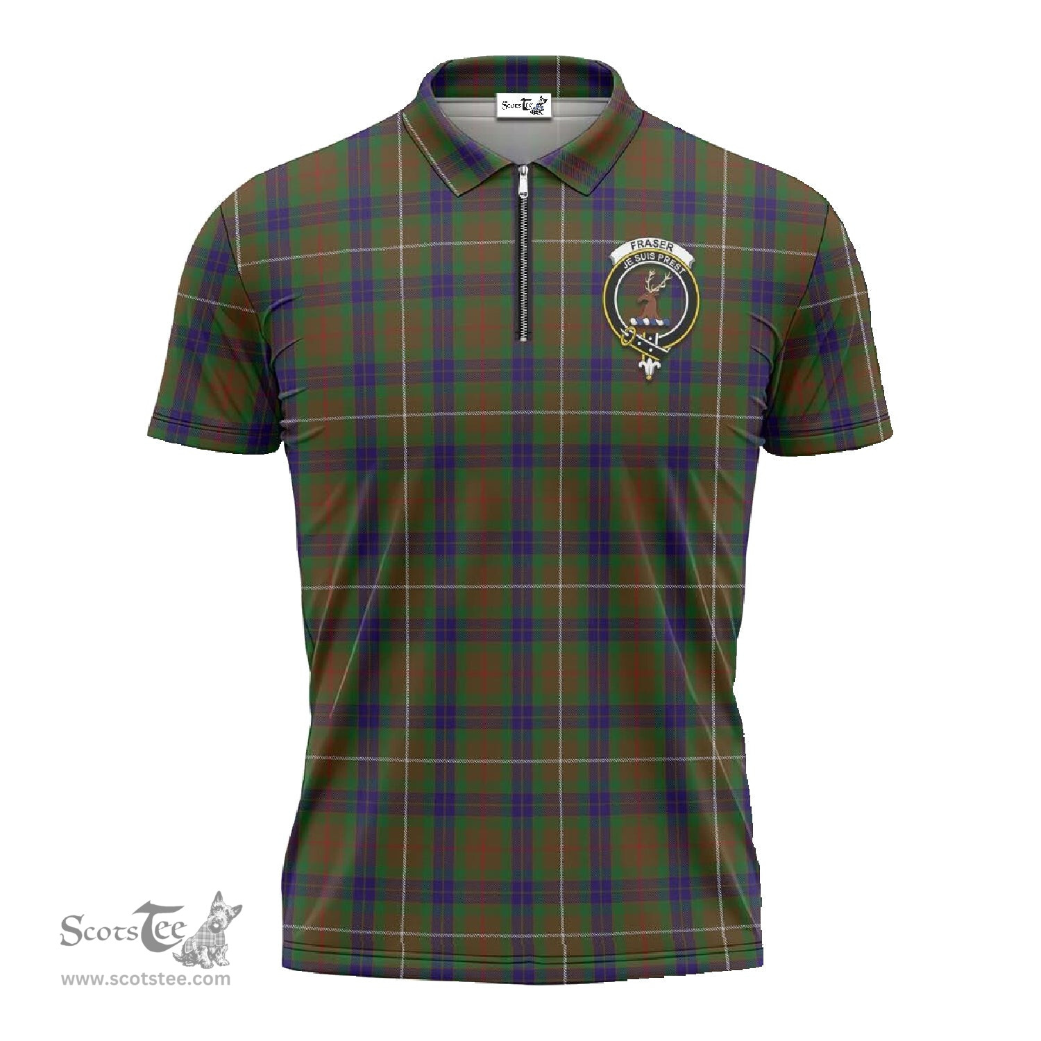 ScotsTee Shop Scottish Fraser Hunting Clan Crest Tartan Zipper Polo Shirt