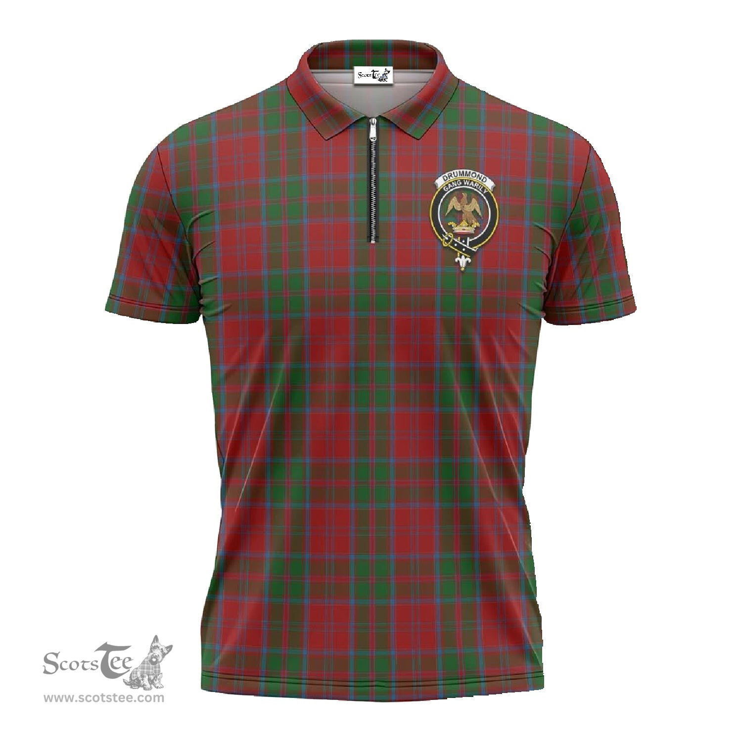 ScotsTee Shop Scottish Drummond Clan Crest Tartan Zipper Polo Shirt
