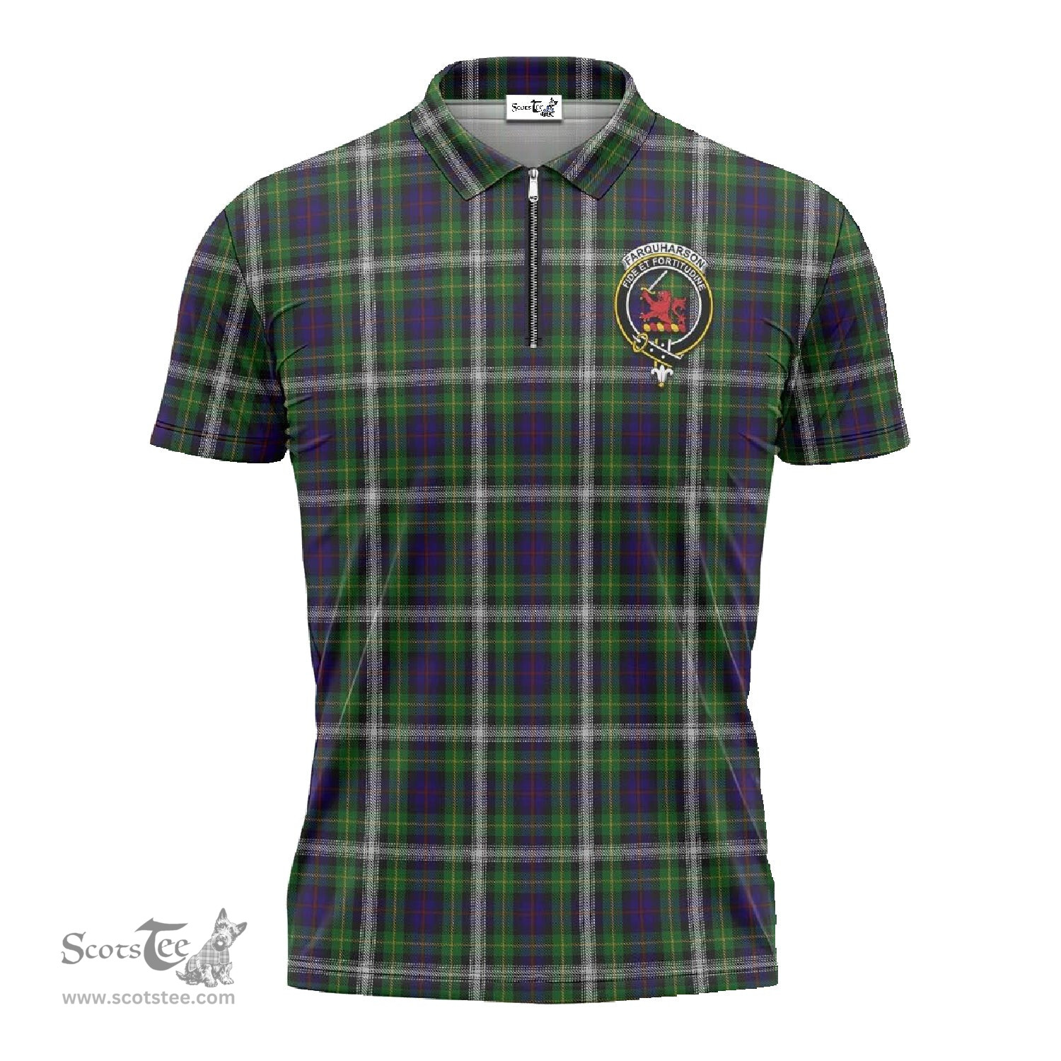 ScotsTee Shop Scottish Farquharson Dress Clan Crest Tartan Zipper Polo Shirt