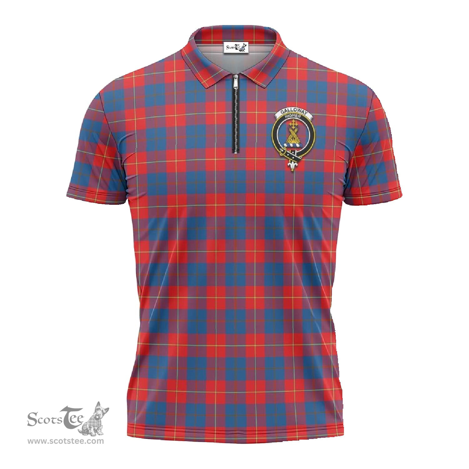 ScotsTee Shop Scottish Galloway Red Clan Crest Tartan Zipper Polo Shirt