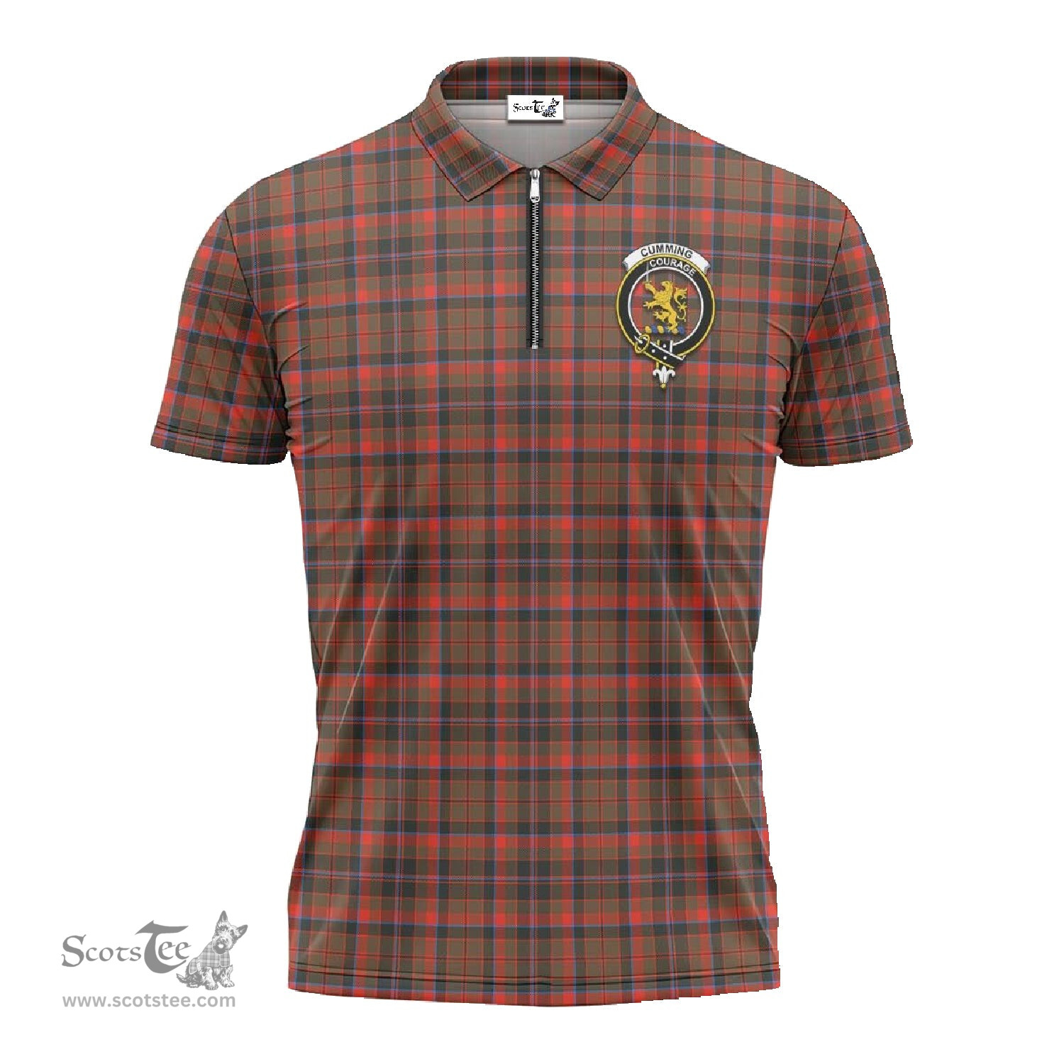 ScotsTee Shop Scottish Cumming Hunting Weathered Clan Crest Tartan Zipper Polo Shirt