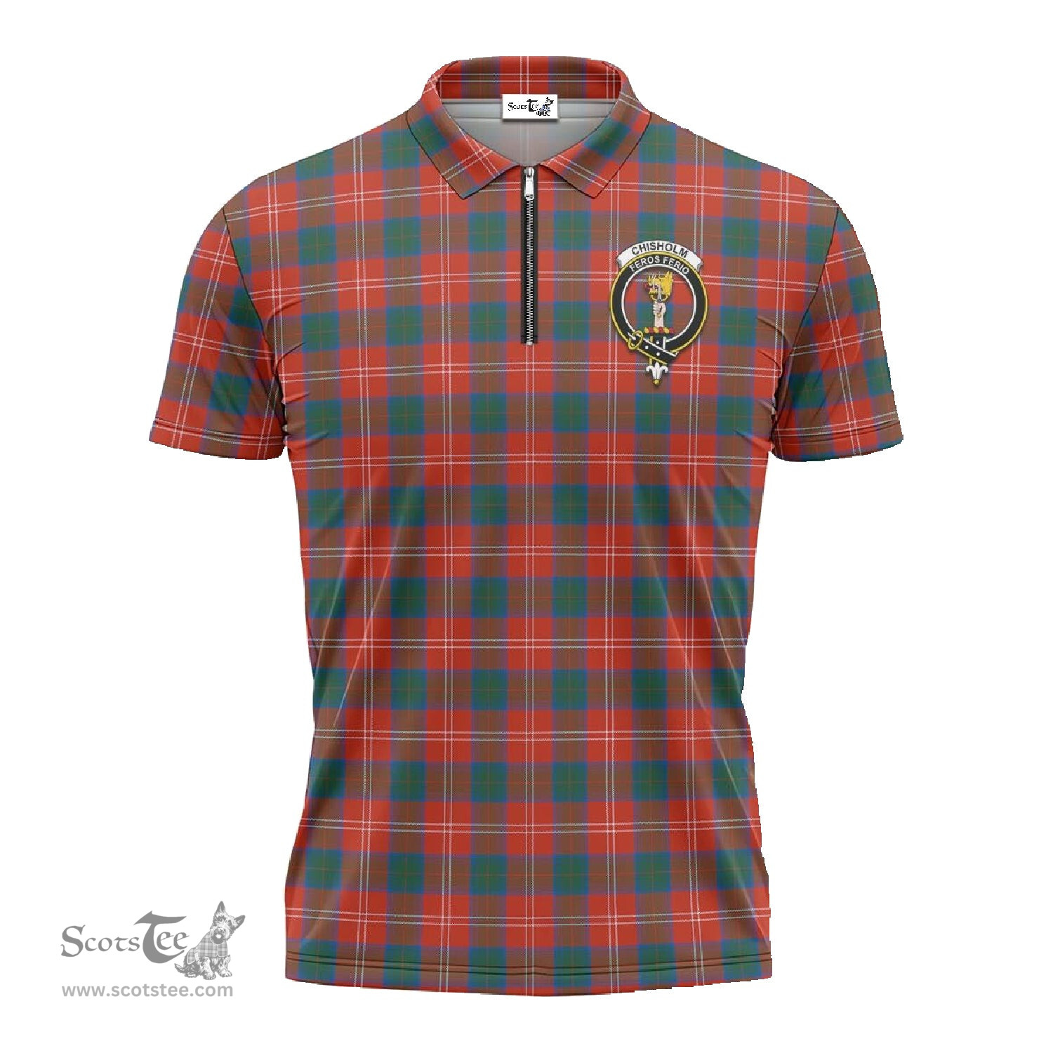 ScotsTee Shop Scottish Chisholm Ancient Clan Crest Tartan Zipper Polo Shirt