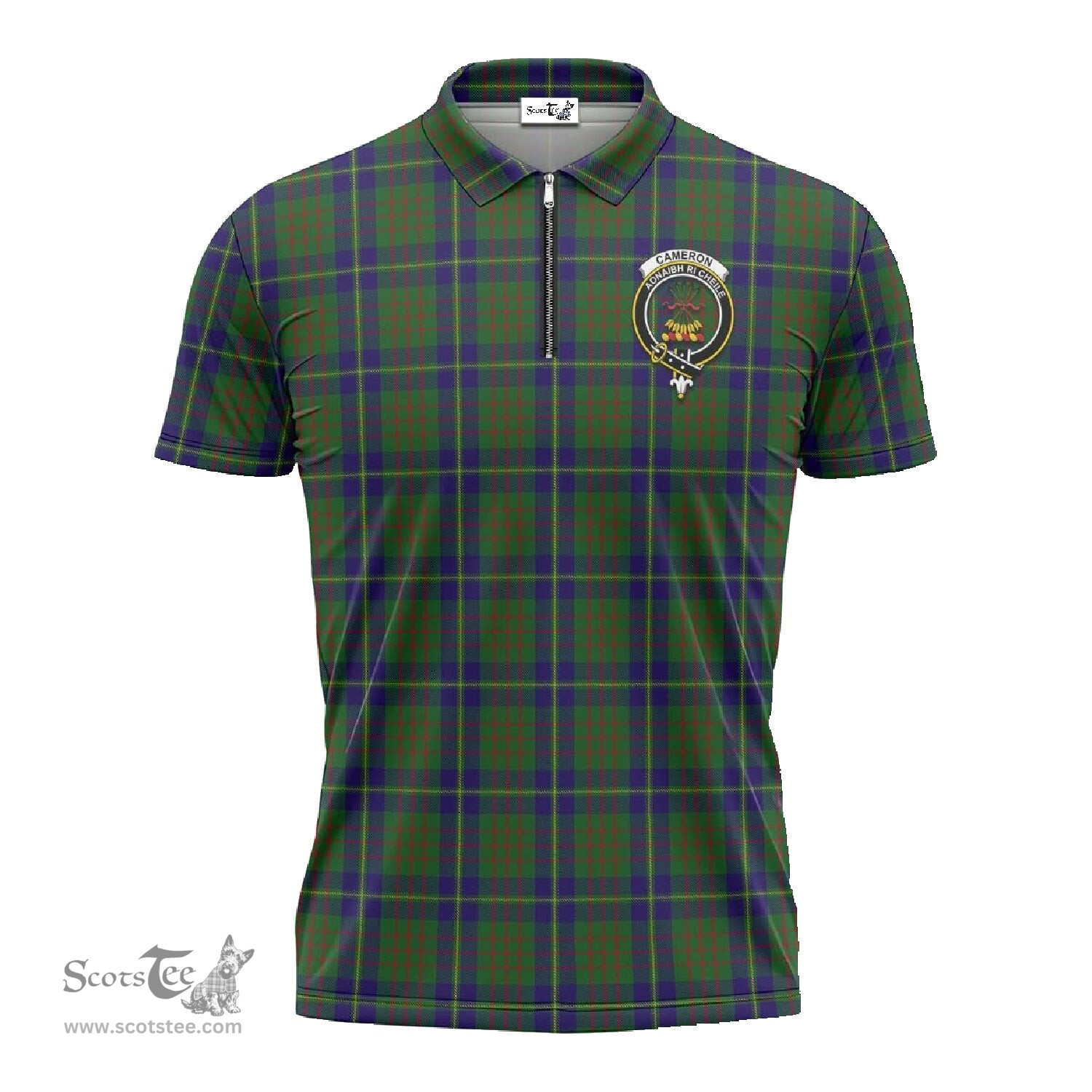 ScotsTee Shop Scottish Cameron of Lochiel Hunting Clan Crest Tartan Zipper Polo Shirt