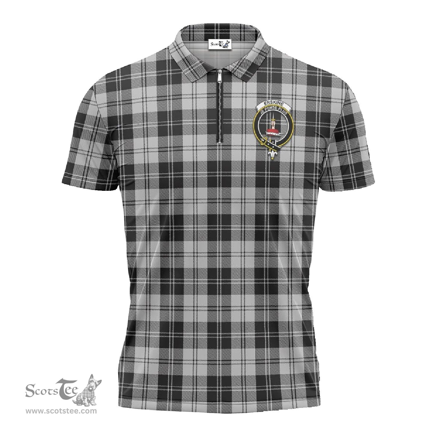 ScotsTee Shop Scottish Erskine Black and White Clan Crest Tartan Zipper Polo Shirt