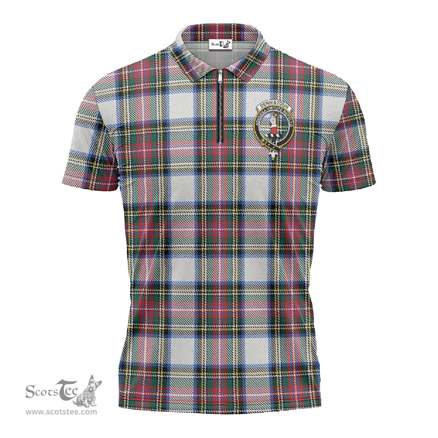 ScotsTee Shop Scottish Dennistoun Clan Crest Tartan Zipper Polo Shirt