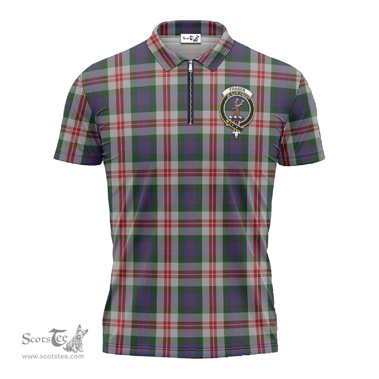 ScotsTee Shop Scottish Fraser Red Dress Clan Crest Tartan Zipper Polo Shirt