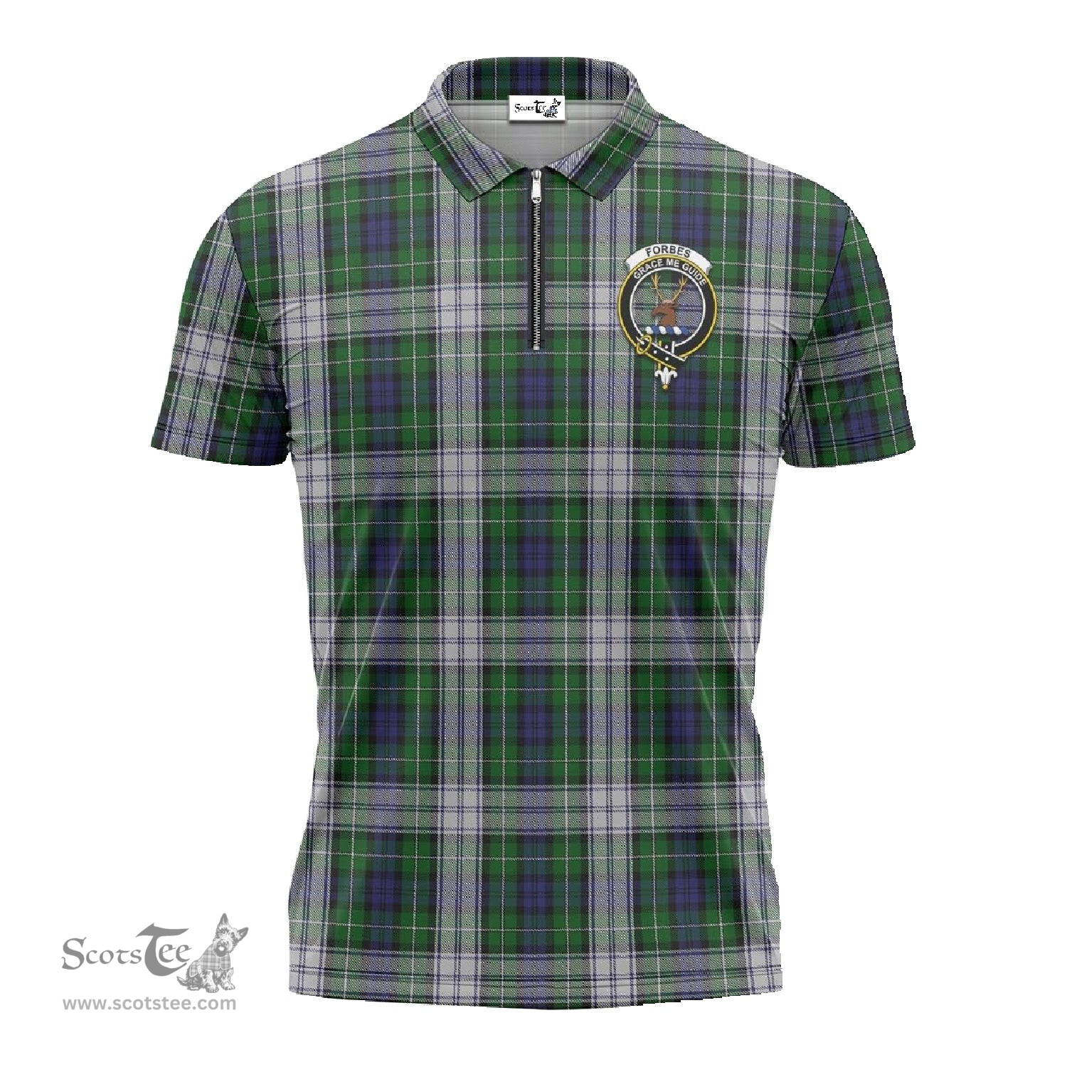 ScotsTee Shop Scottish Forbes Dress Clan Crest Tartan Zipper Polo Shirt