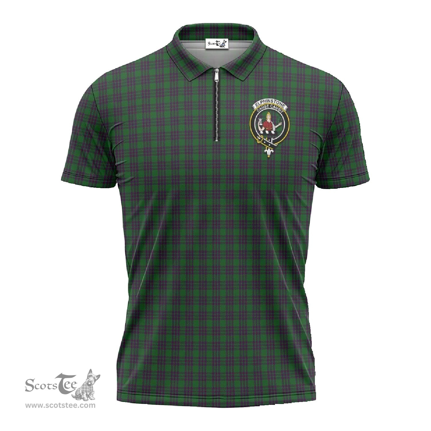 ScotsTee Shop Scottish Elphinstone Clan Crest Tartan Zipper Polo Shirt