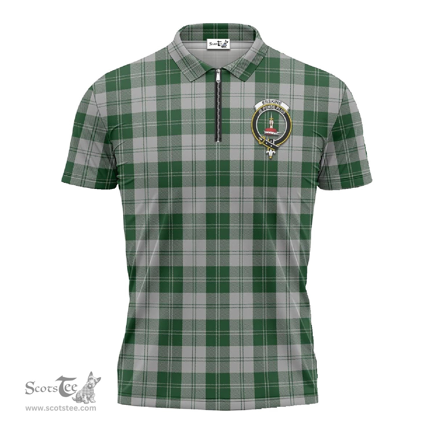 ScotsTee Shop Scottish Erskine Green Clan Crest Tartan Zipper Polo Shirt