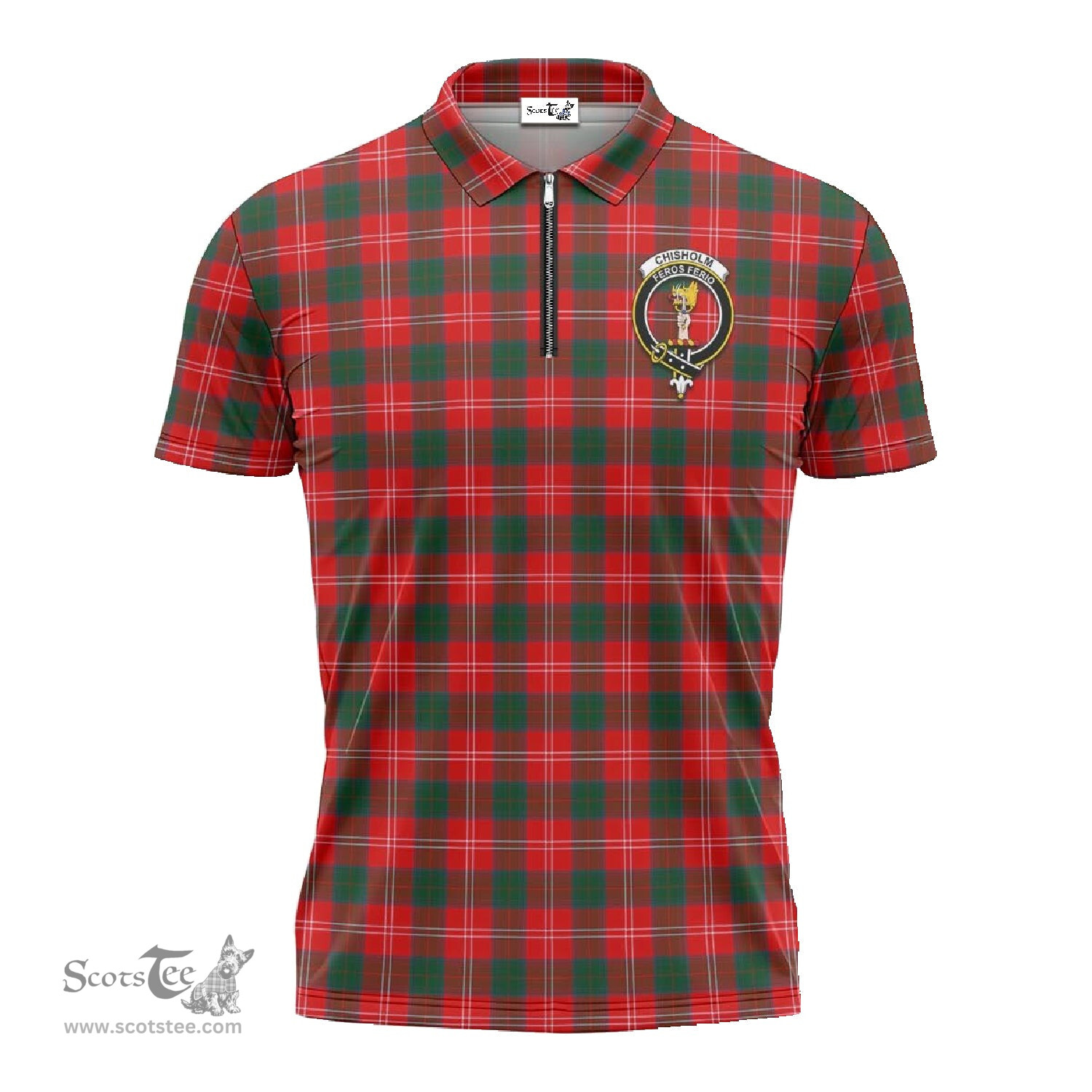 ScotsTee Shop Scottish Chisholm Modern Clan Crest Tartan Zipper Polo Shirt