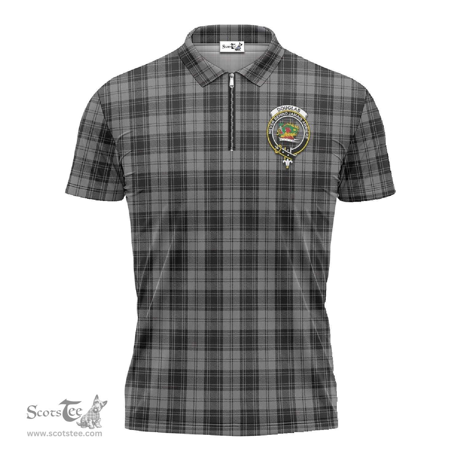 ScotsTee Shop Scottish Douglas Grey Clan Crest Tartan Zipper Polo Shirt