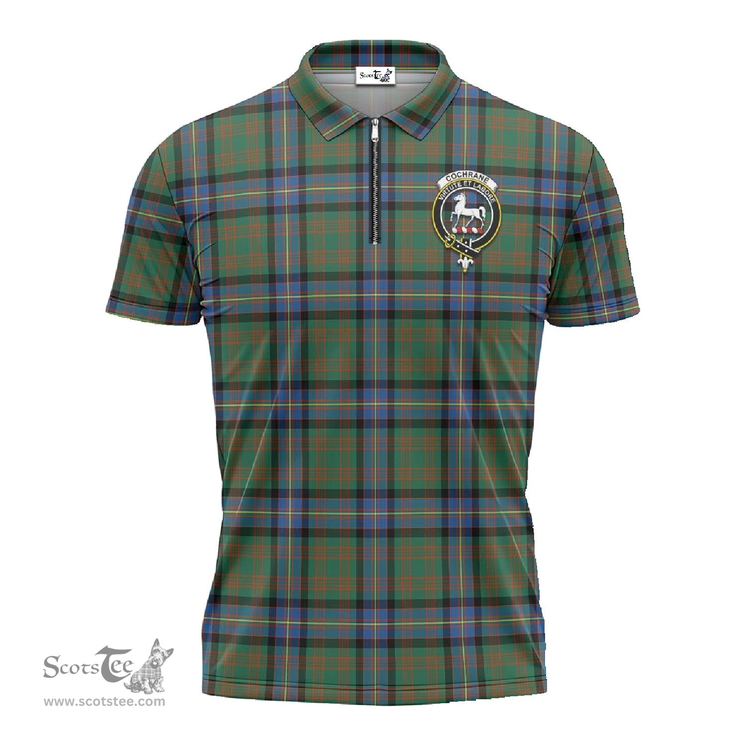 ScotsTee Shop Scottish Cochrane Ancient Clan Crest Tartan Zipper Polo Shirt