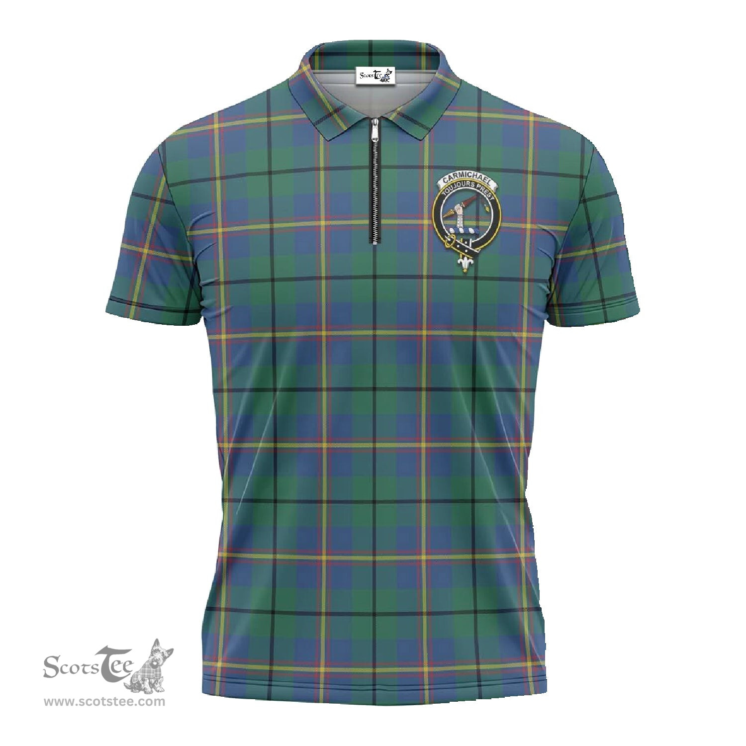 ScotsTee Shop Scottish Carmichael Ancient Clan Crest Tartan Zipper Polo Shirt