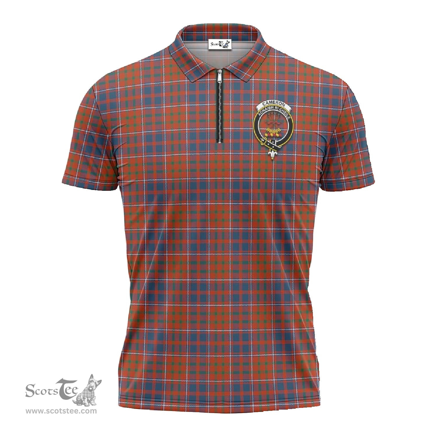 ScotsTee Shop Scottish Cameron of Lochiel Ancient Clan Crest Tartan Zipper Polo Shirt