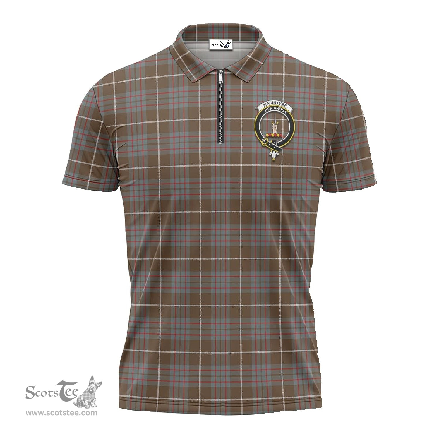 ScotsTee Shop Scottish MacIntyre Hunting Weathered Clan Crest Tartan Zipper Polo Shirt