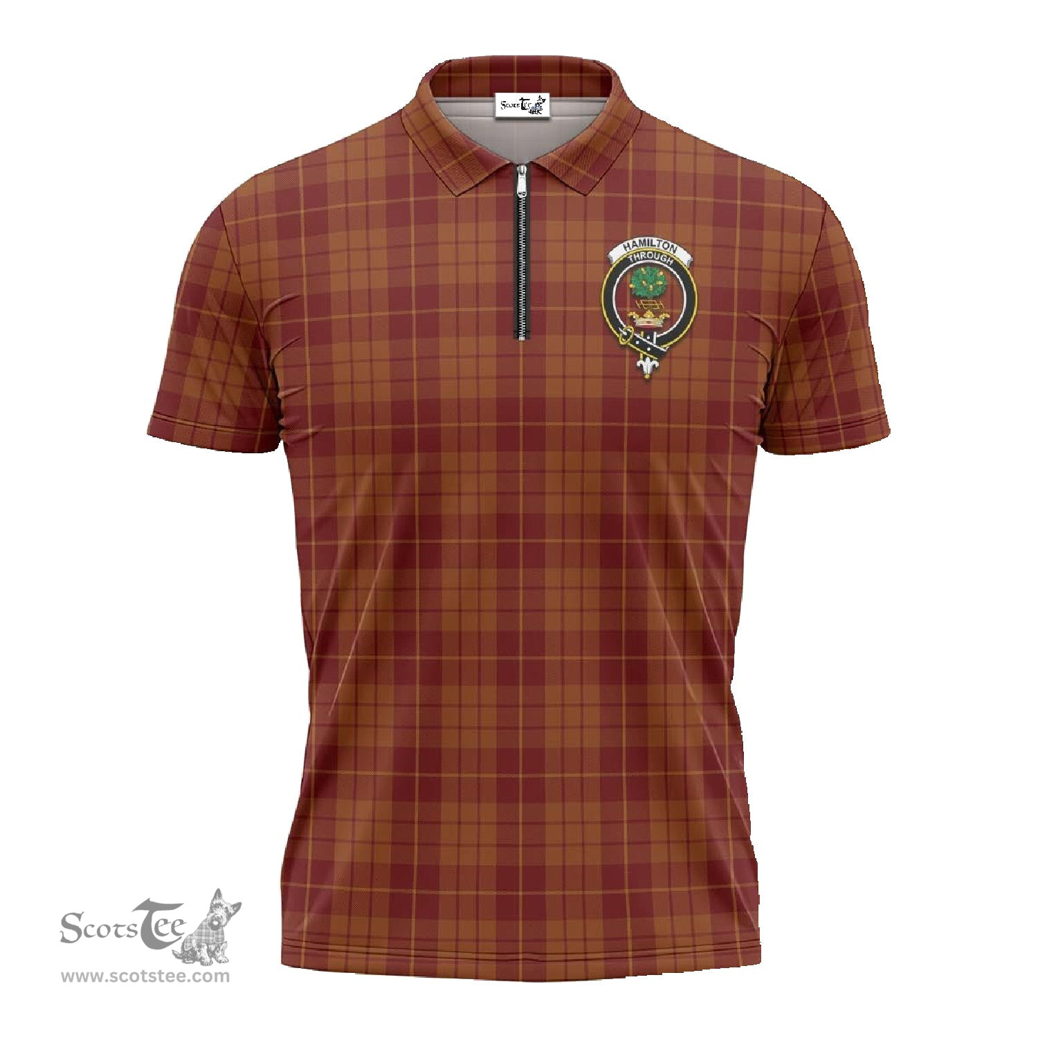 ScotsTee Shop Scottish Hamilton Red Clan Crest Tartan Zipper Polo Shirt