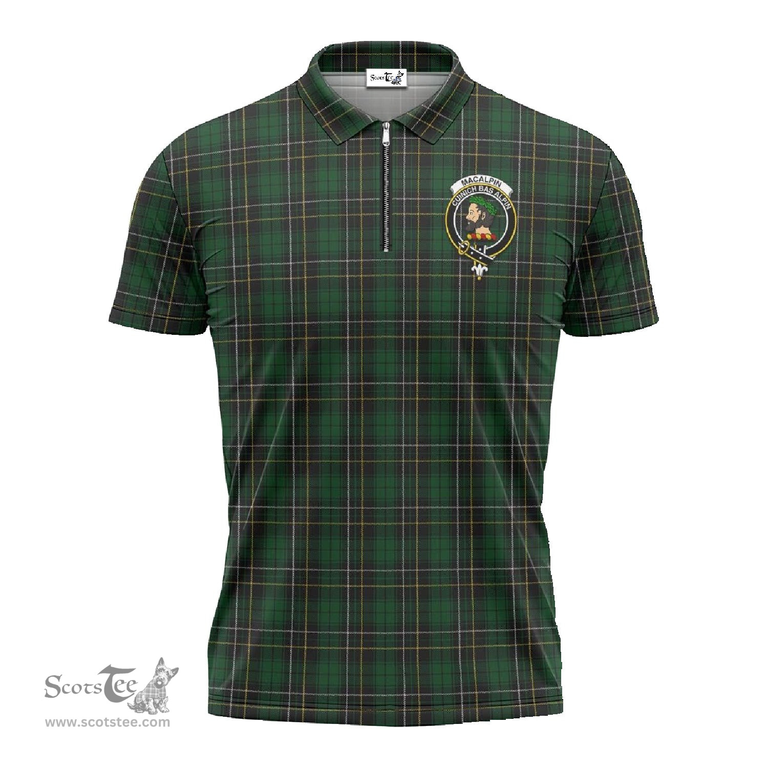 ScotsTee Shop Scottish MacAlpin Clan Crest Tartan Zipper Polo Shirt