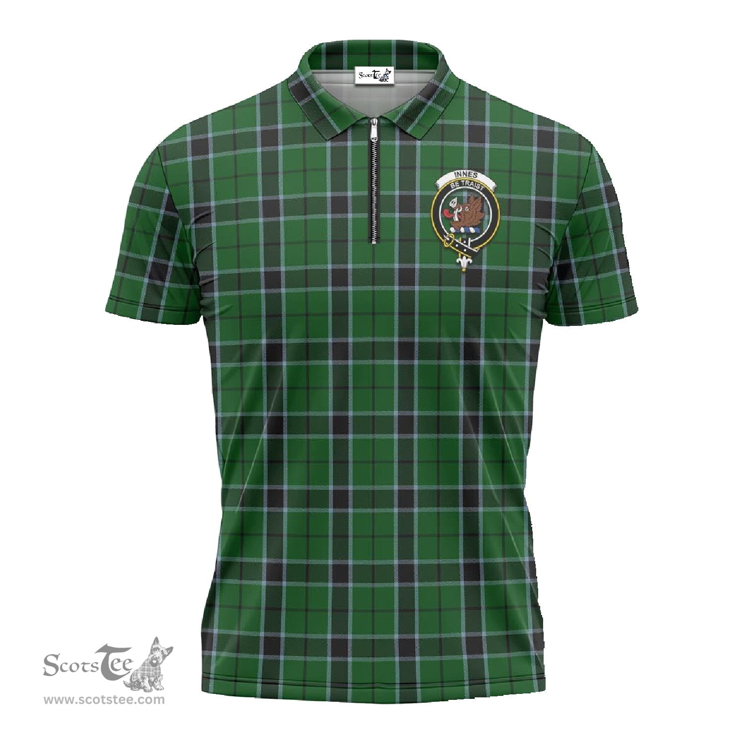 ScotsTee Shop Scottish Innes Hunting Clan Crest Tartan Zipper Polo Shirt