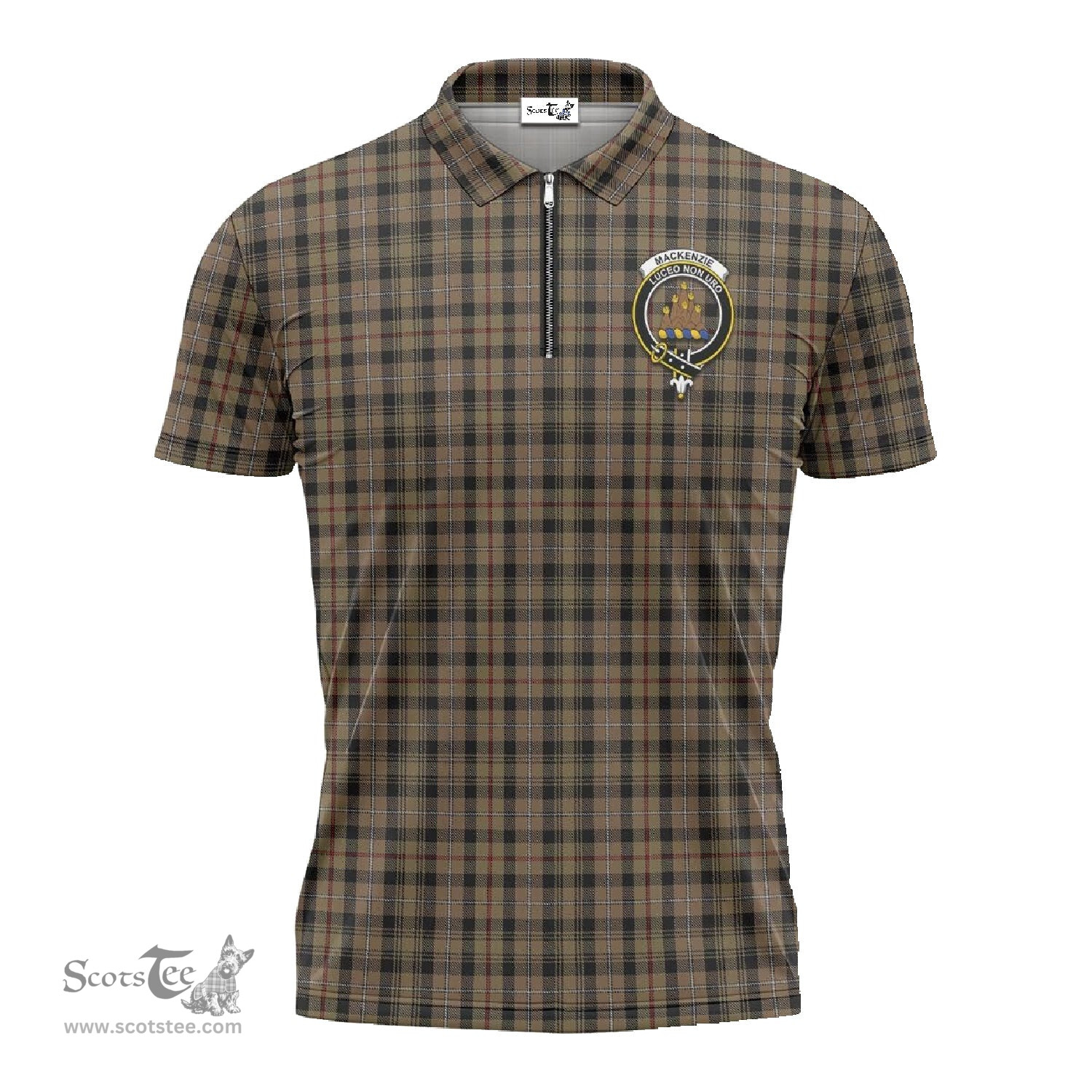 ScotsTee Shop Scottish MacKenzie Hunting Clan Crest Tartan Zipper Polo Shirt