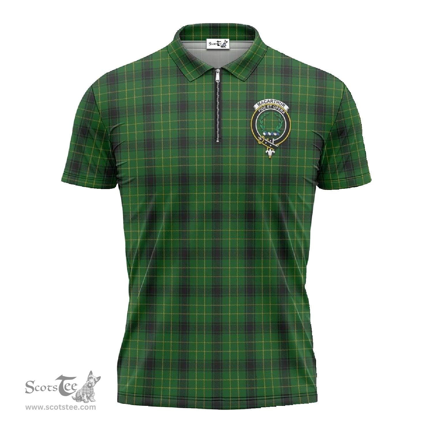 ScotsTee Shop Scottish MacArthur Highland Clan Crest Tartan Zipper Polo Shirt