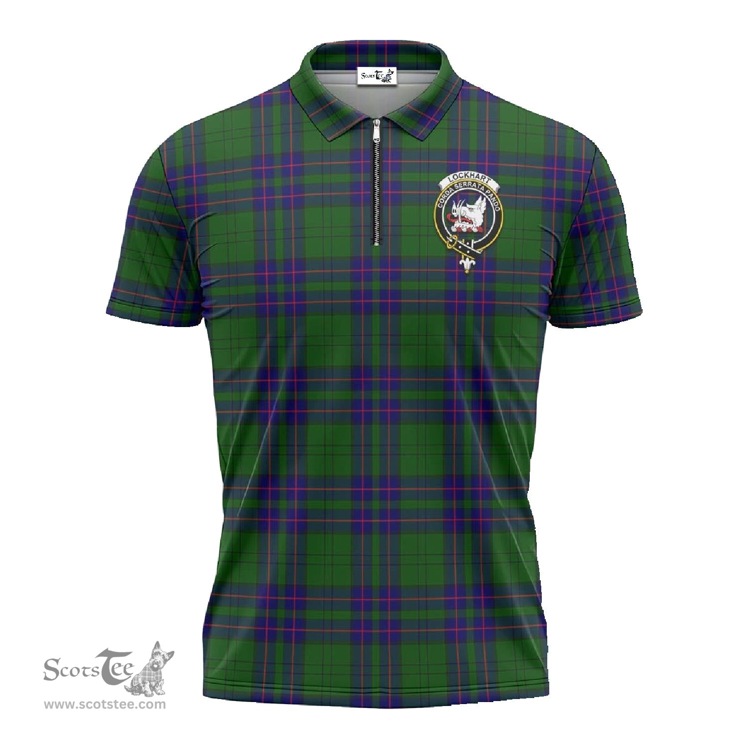 ScotsTee Shop Scottish Lockhart Modern Clan Crest Tartan Zipper Polo Shirt
