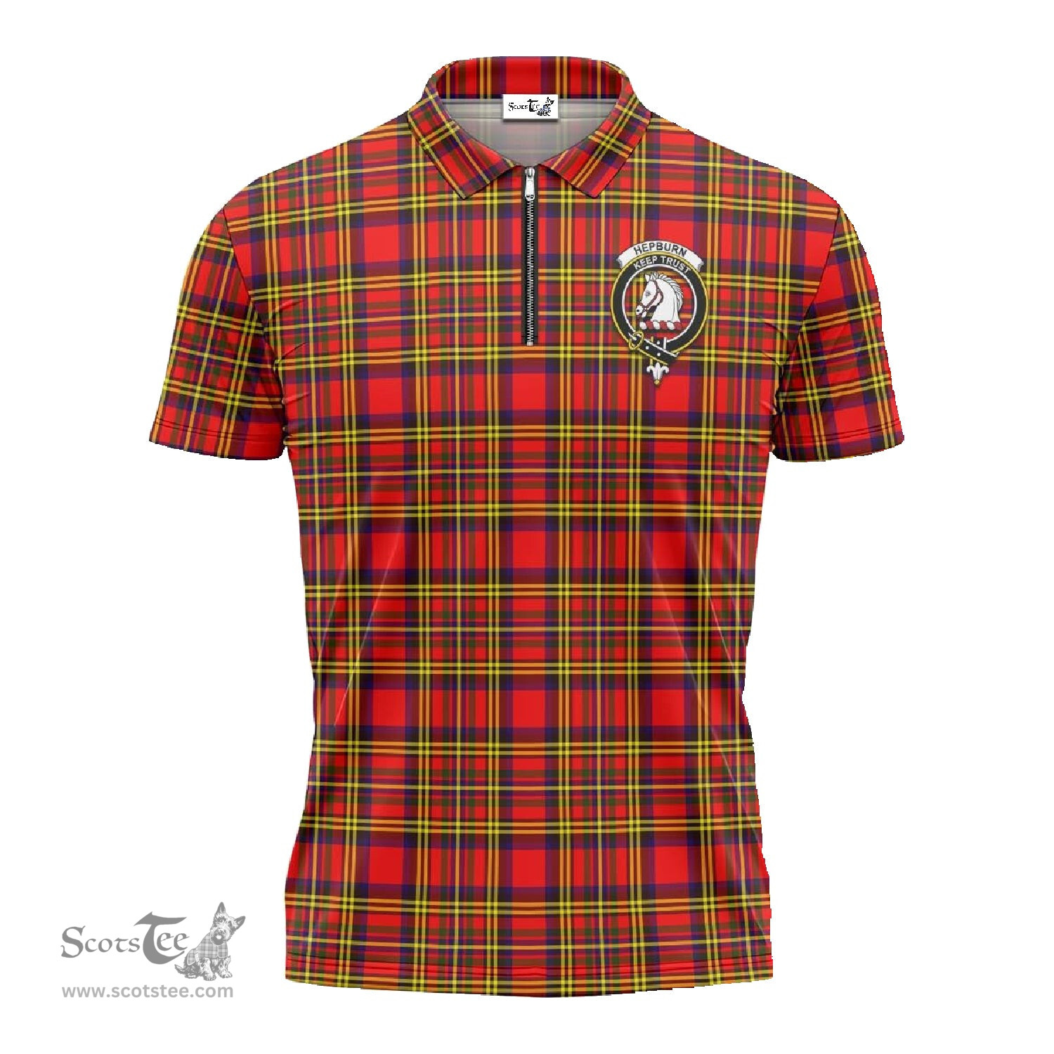 ScotsTee Shop Scottish Hepburn Modern Clan Crest Tartan Zipper Polo Shirt
