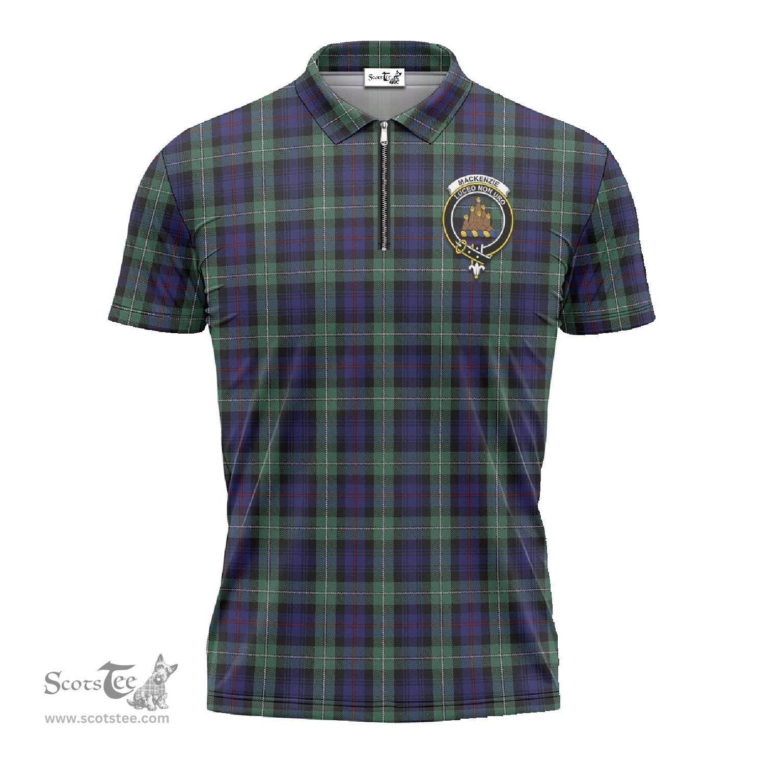 ScotsTee Shop Scottish MacKenzie Hunting Green Clan Crest Tartan Zipper Polo Shirt