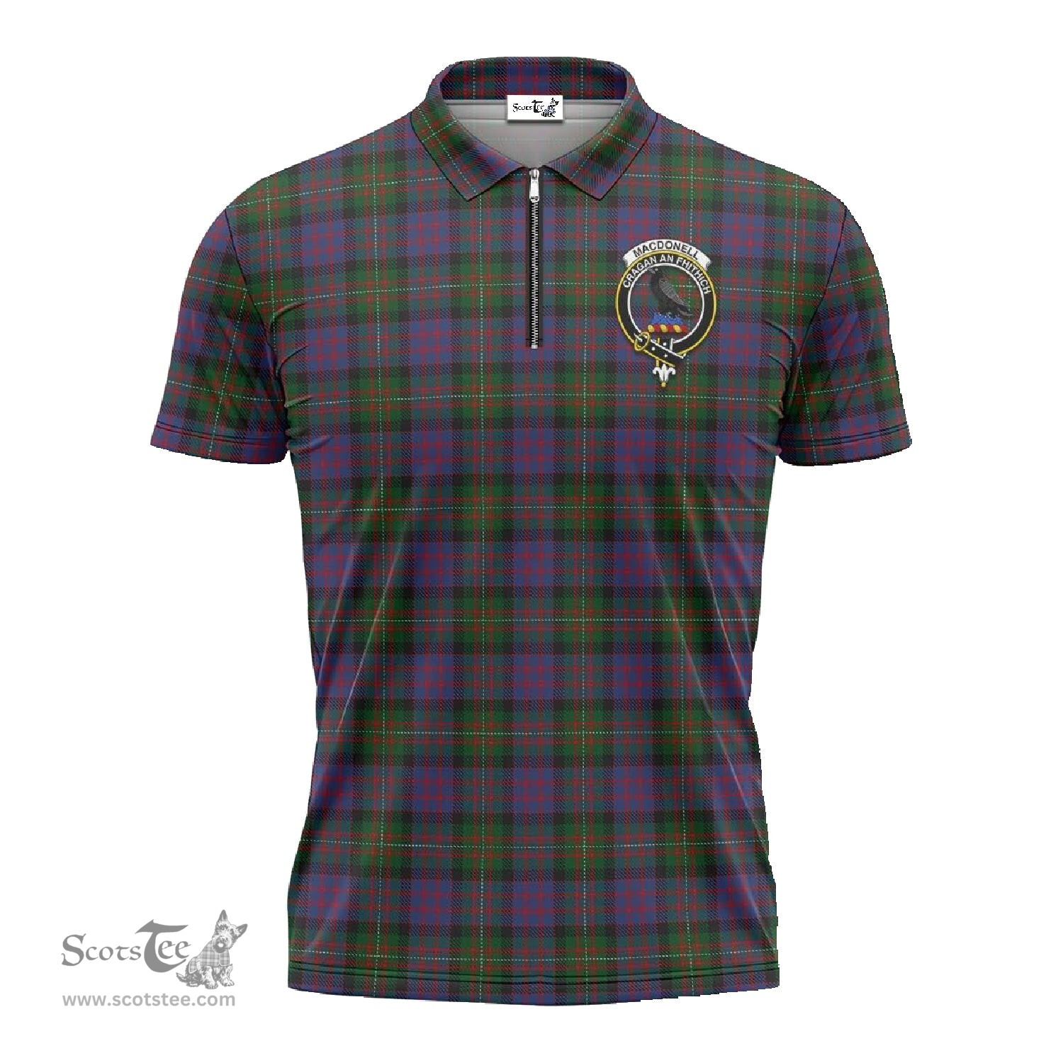 ScotsTee Shop Scottish MacDonell of Glengarry Clan Crest Tartan Zipper Polo Shirt