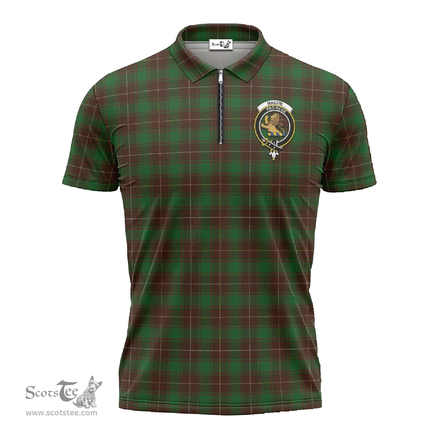 ScotsTee Shop Scottish MacFie Hunting Clan Crest Tartan Zipper Polo Shirt