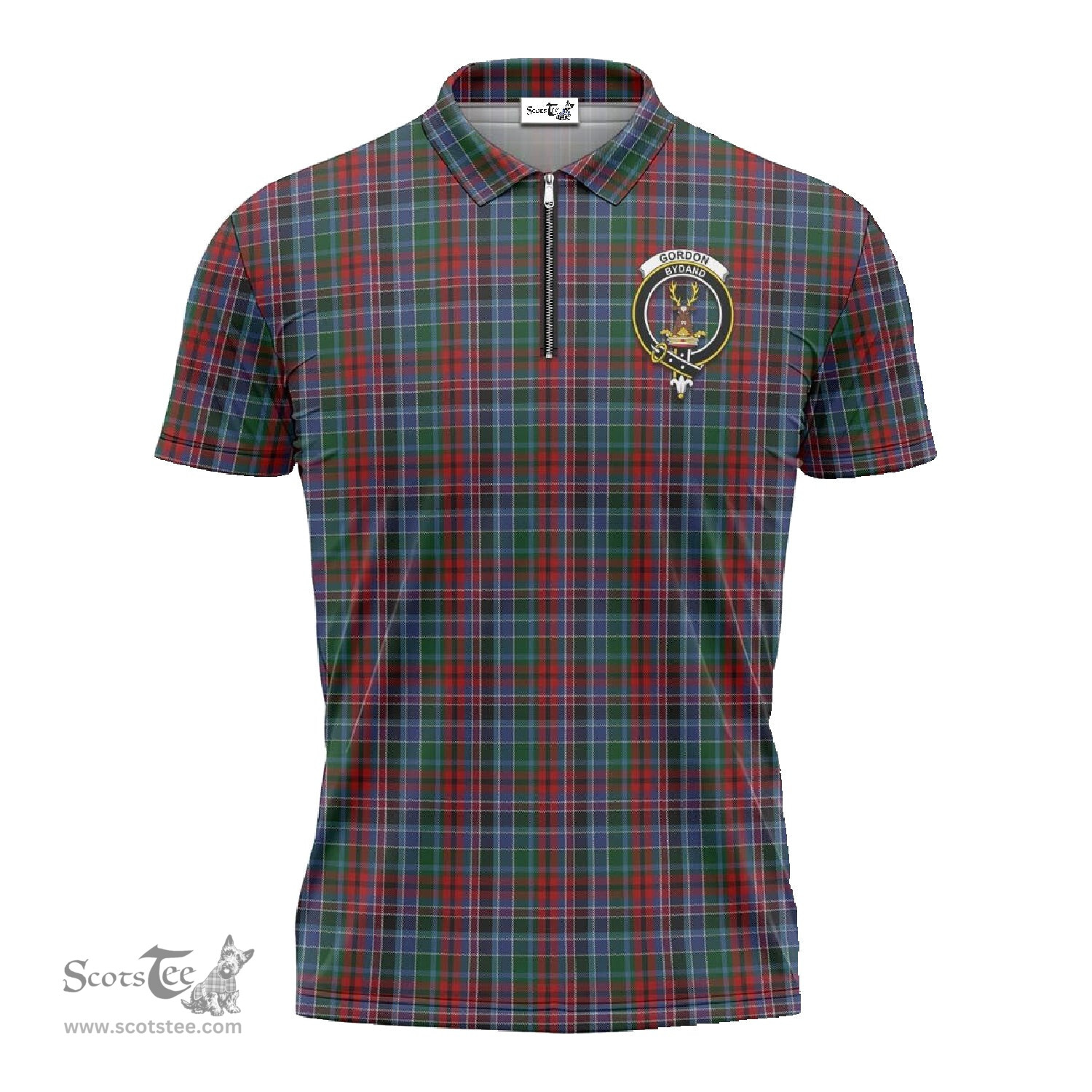 ScotsTee Shop Scottish Gordon Red Clan Crest Tartan Zipper Polo Shirt