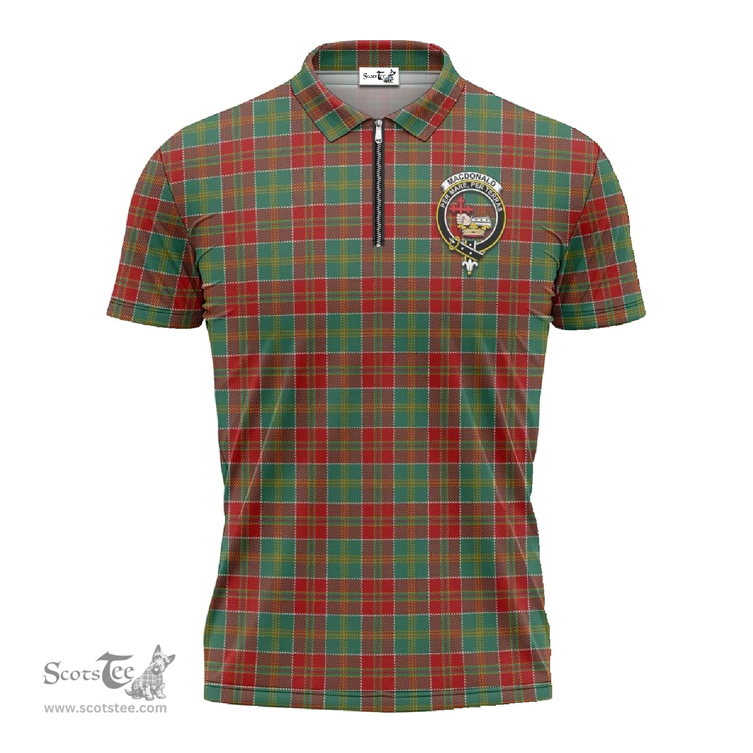 ScotsTee Shop Scottish MacDonald of Kingsburgh Clan Crest Tartan Zipper Polo Shirt