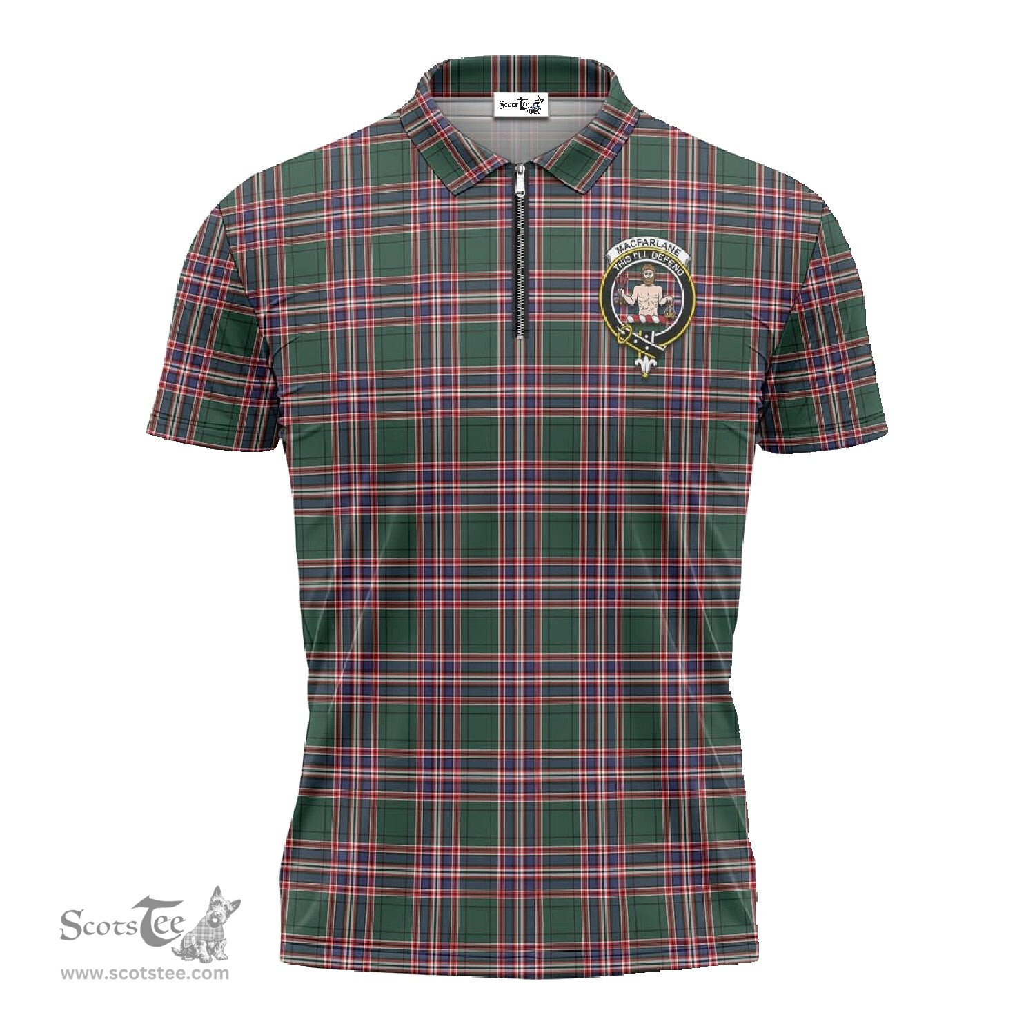 ScotsTee Shop Scottish MacFarlane Hunting Modern Clan Crest Tartan Zipper Polo Shirt