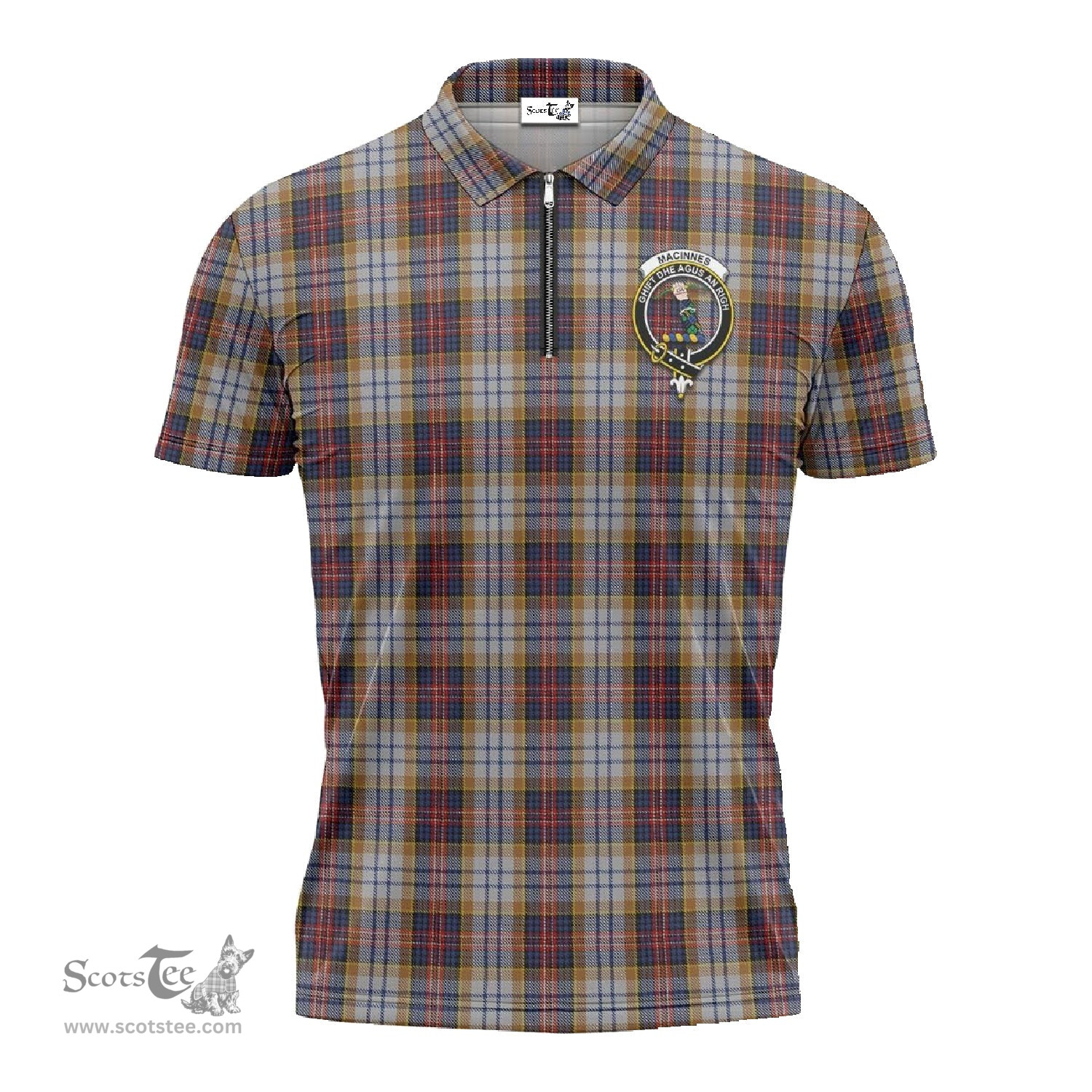 ScotsTee Shop Scottish MacInnes Ancient Hunting Clan Crest Tartan Zipper Polo Shirt