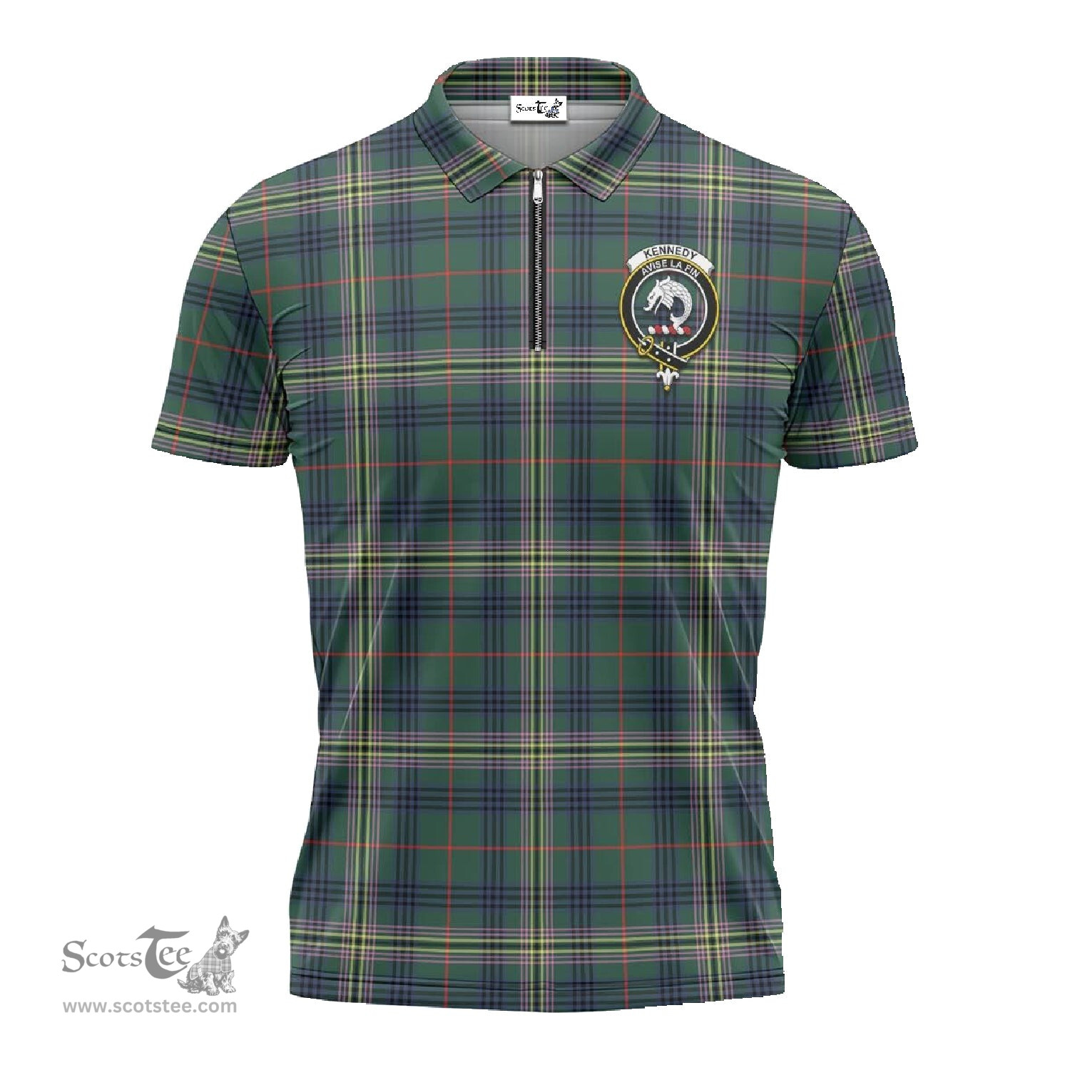 ScotsTee Shop Scottish Kennedy Modern Clan Crest Tartan Zipper Polo Shirt